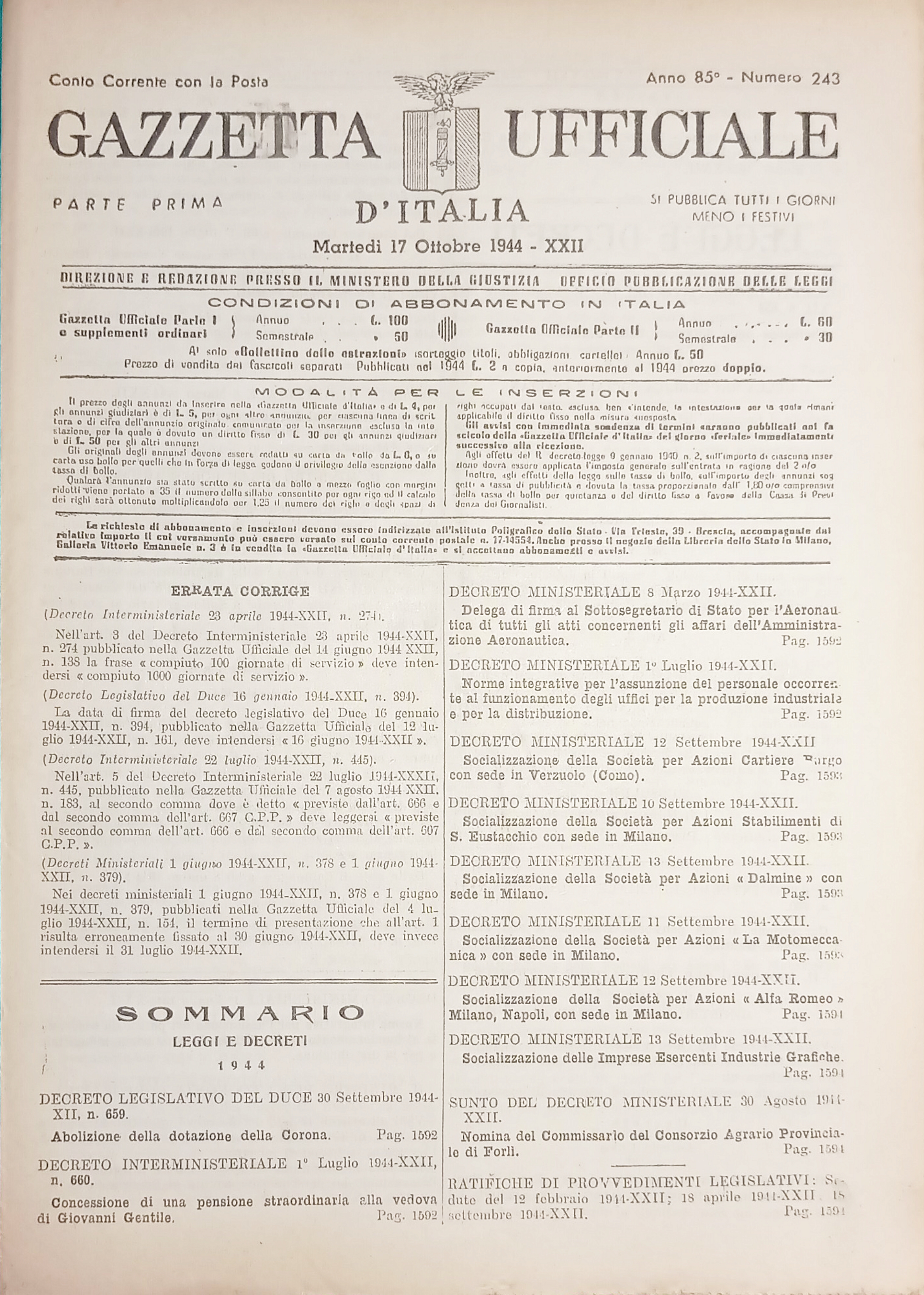 RSI Gazzetta Ufficiale d'Italia N. 243 - 1944