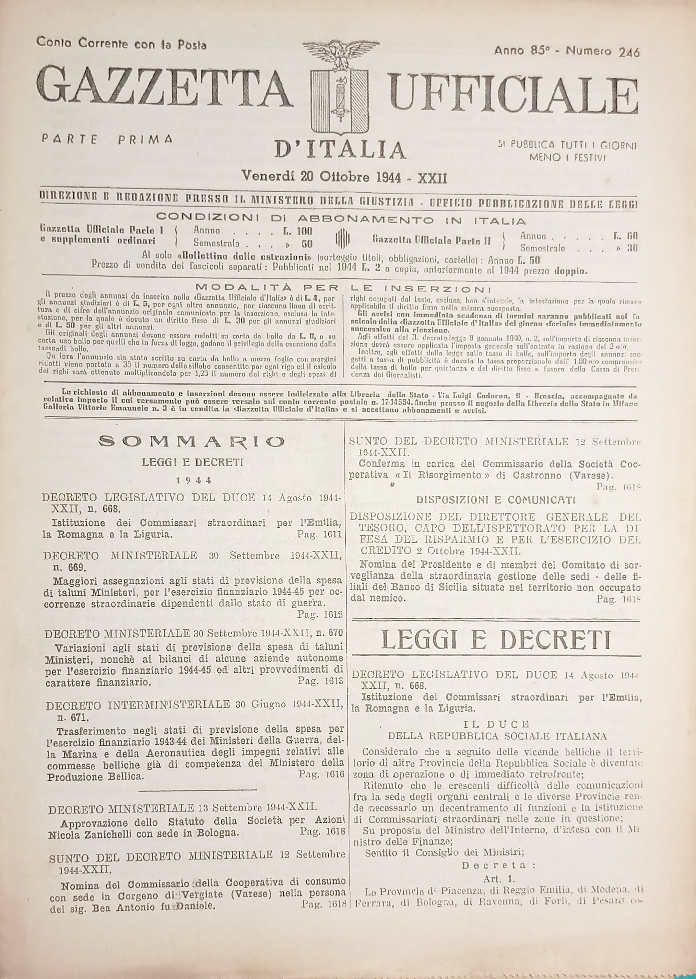 RSI Gazzetta Ufficiale d'Italia N. 246 - 1944