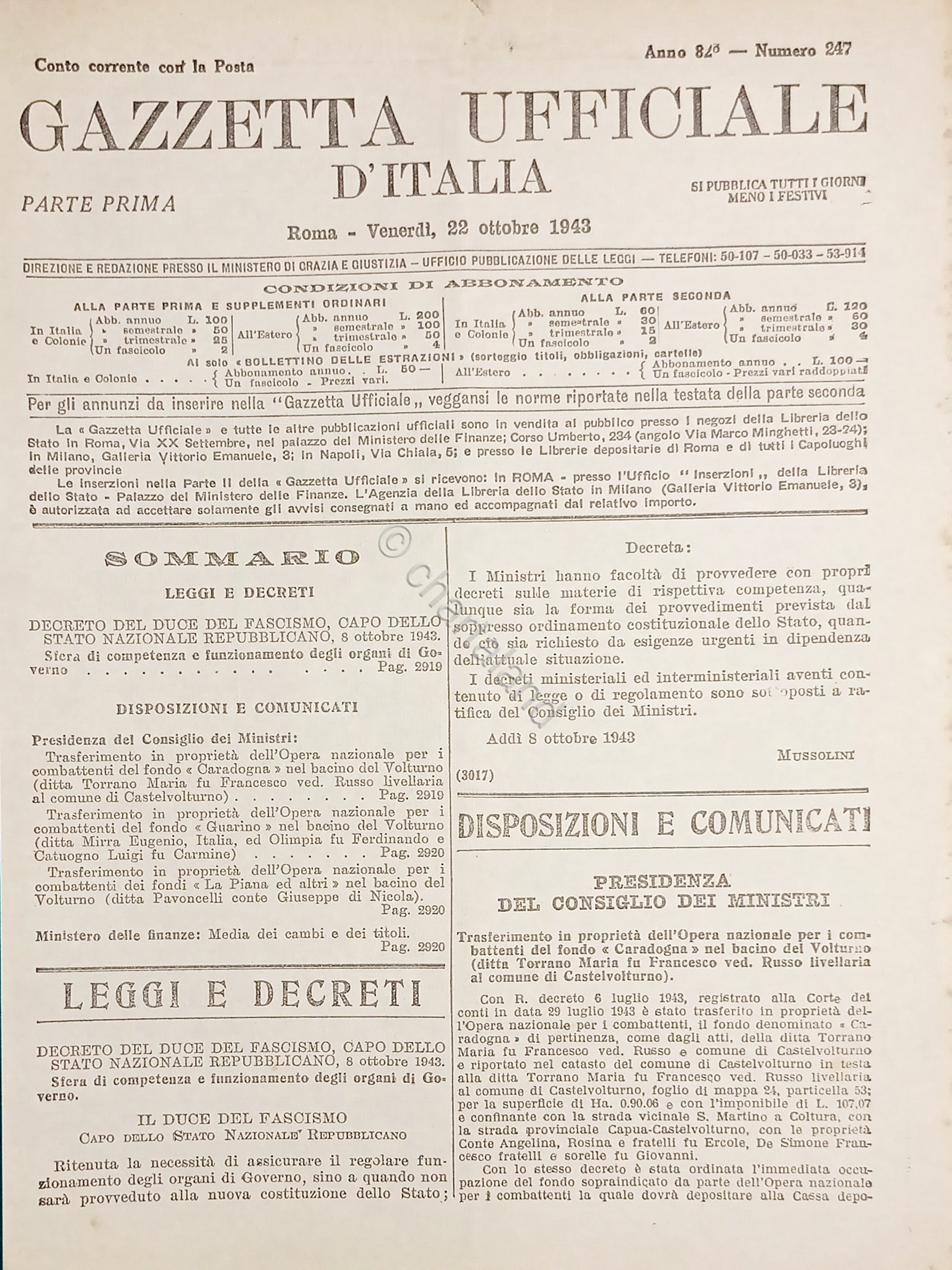 RSI Gazzetta Ufficiale d'Italia N. 247 - 1943
