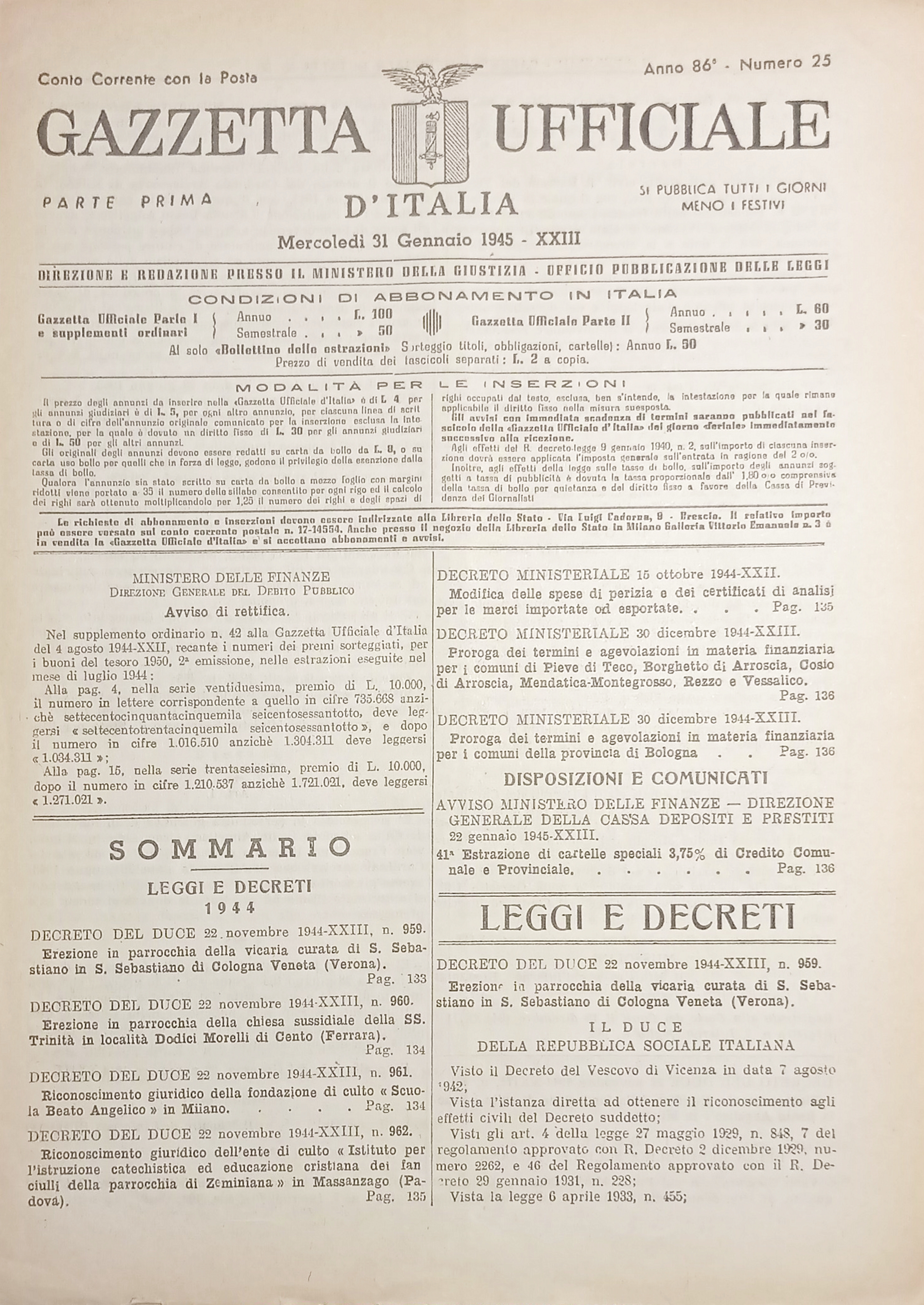 RSI Gazzetta Ufficiale d'Italia N. 25 - 1945