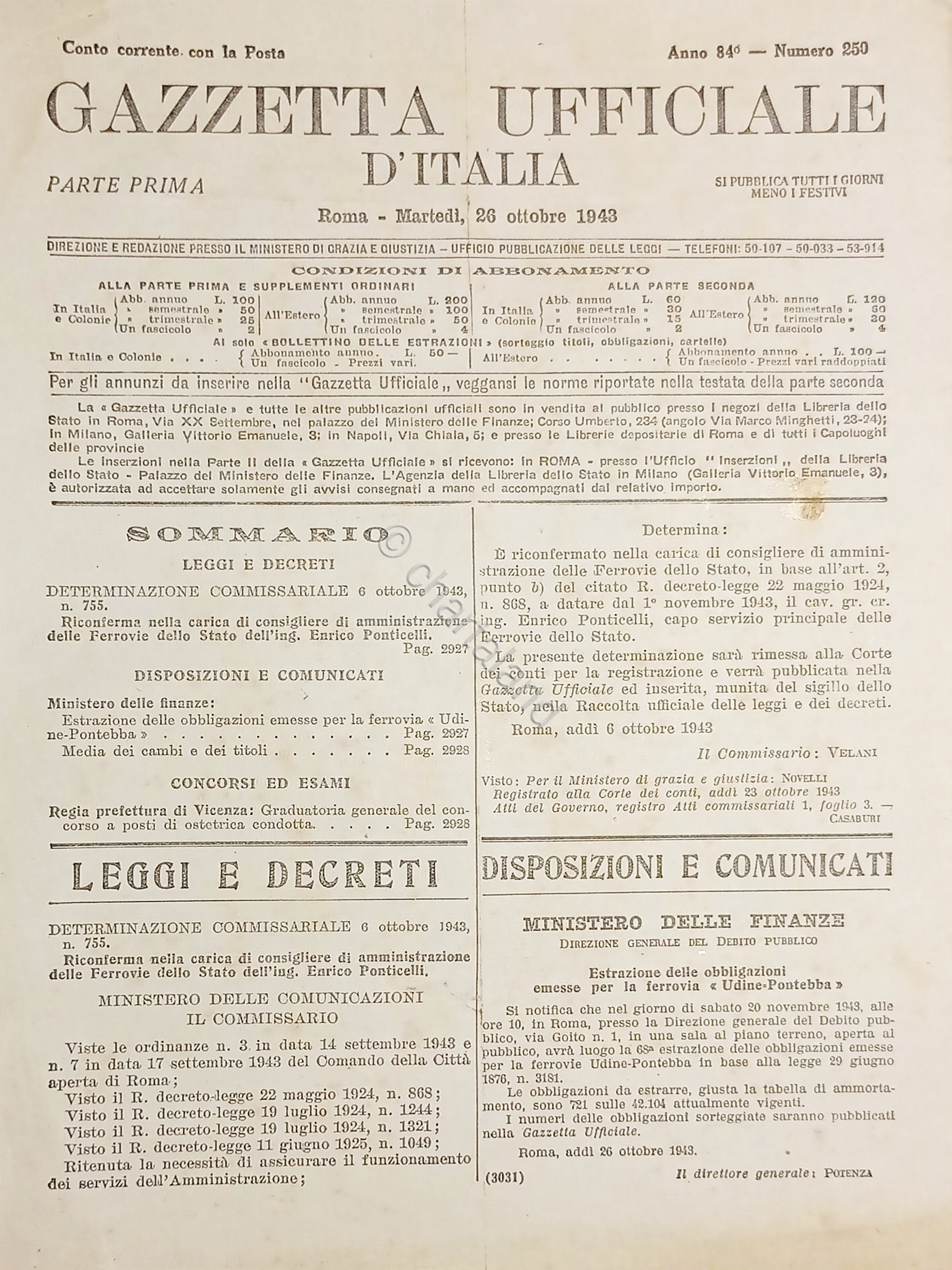 RSI Gazzetta Ufficiale d'Italia N. 250 - 1943