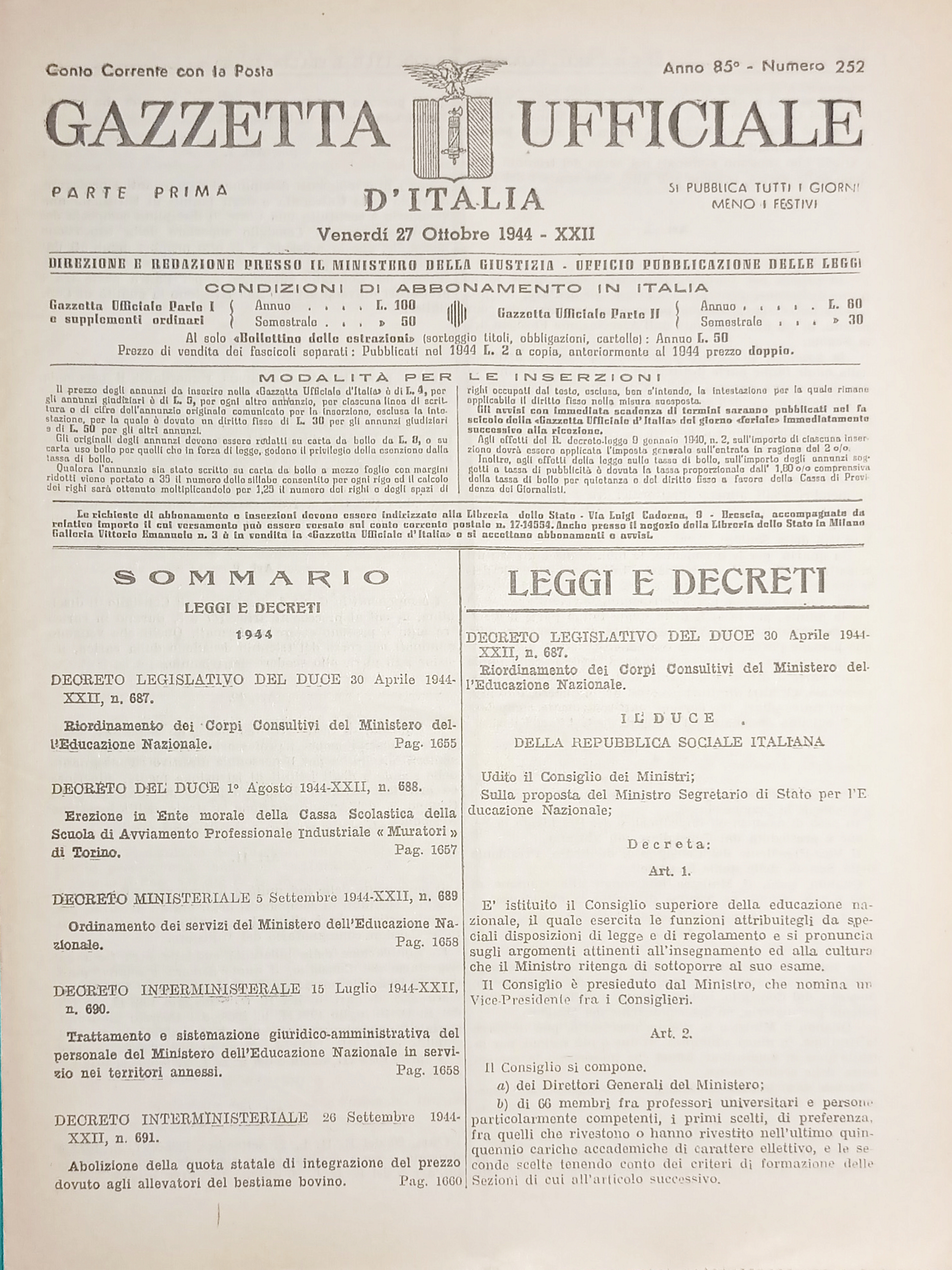 RSI Gazzetta Ufficiale d'Italia N. 252 - 1944