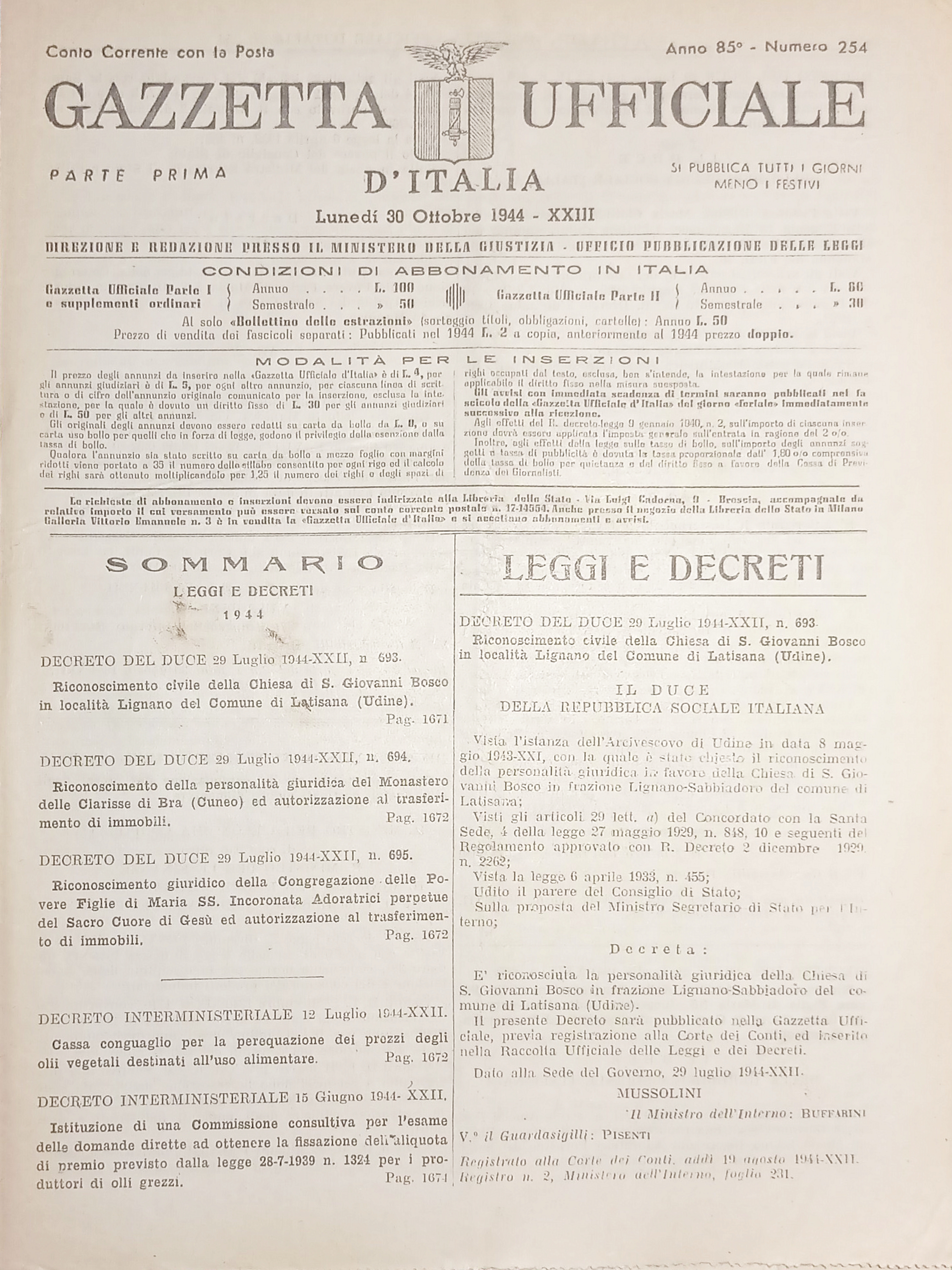 RSI Gazzetta Ufficiale d'Italia N. 254 - 1944