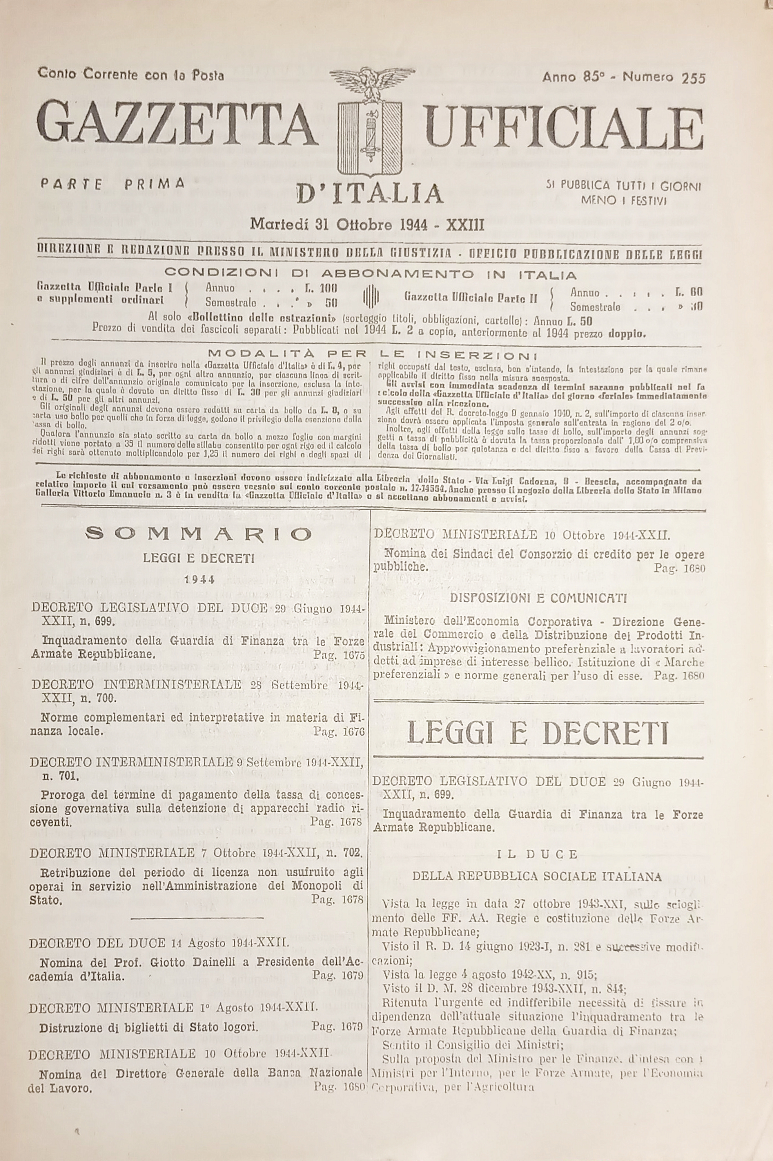 RSI Gazzetta Ufficiale d'Italia N. 255 - 1944