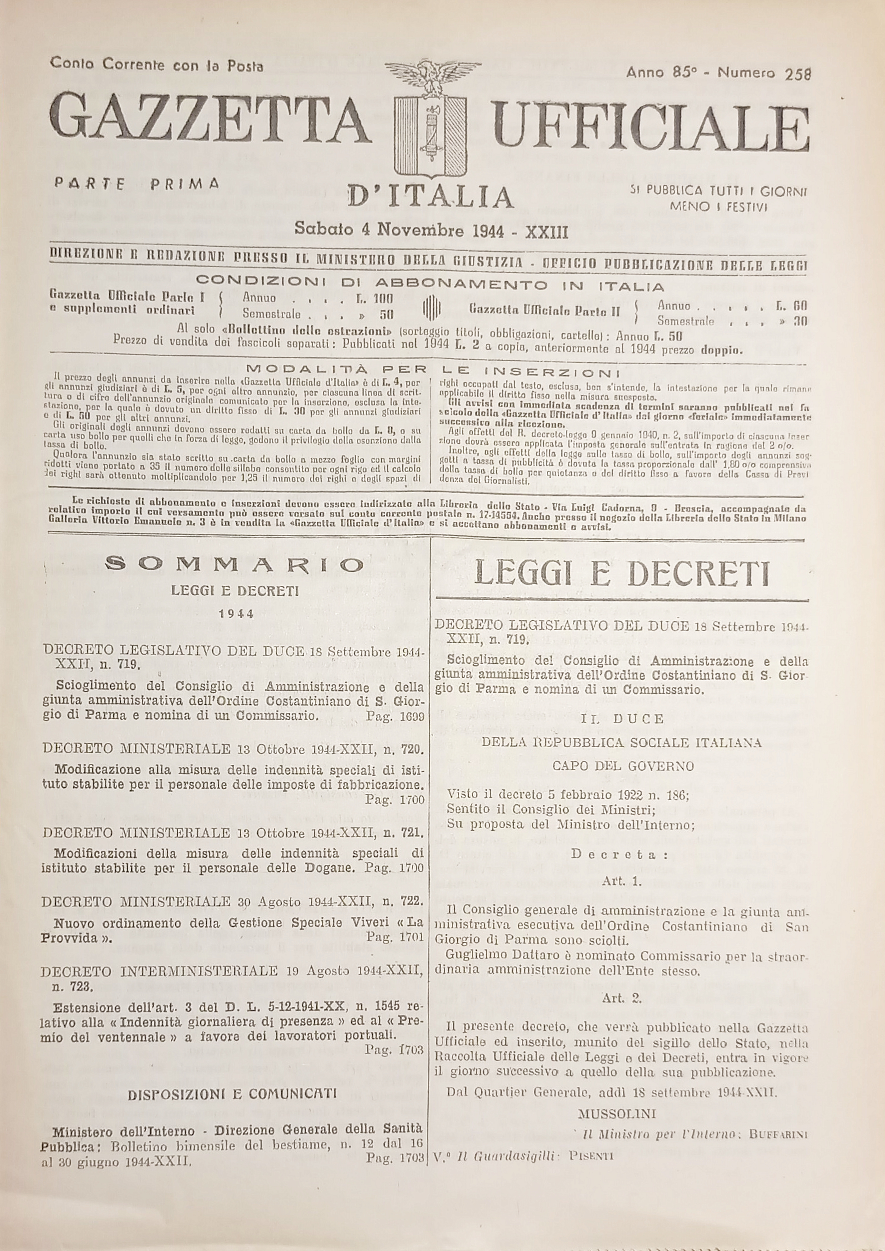 RSI Gazzetta Ufficiale d'Italia N. 258 - 1944