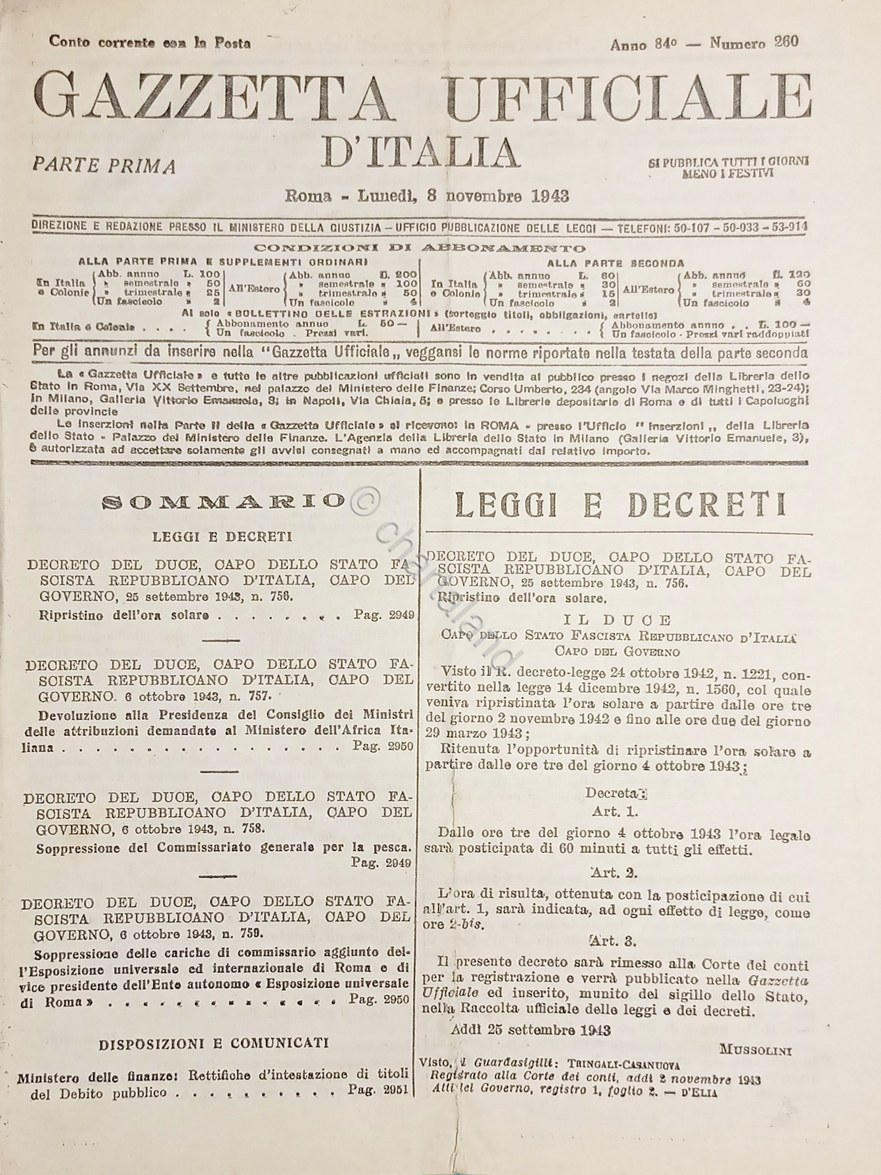 RSI Gazzetta Ufficiale d'Italia N. 260 - 1943