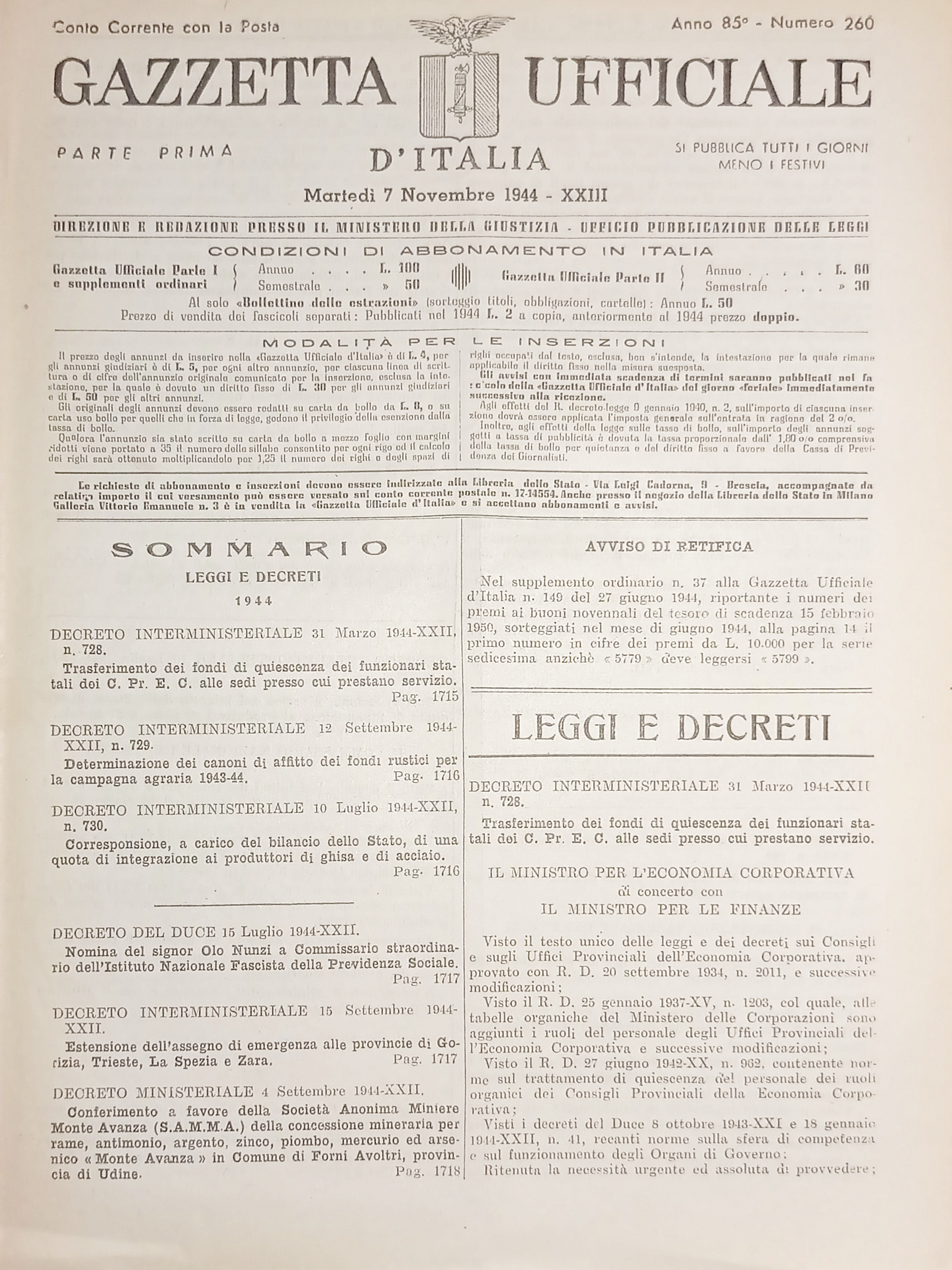 RSI Gazzetta Ufficiale d'Italia N. 260 - 1944