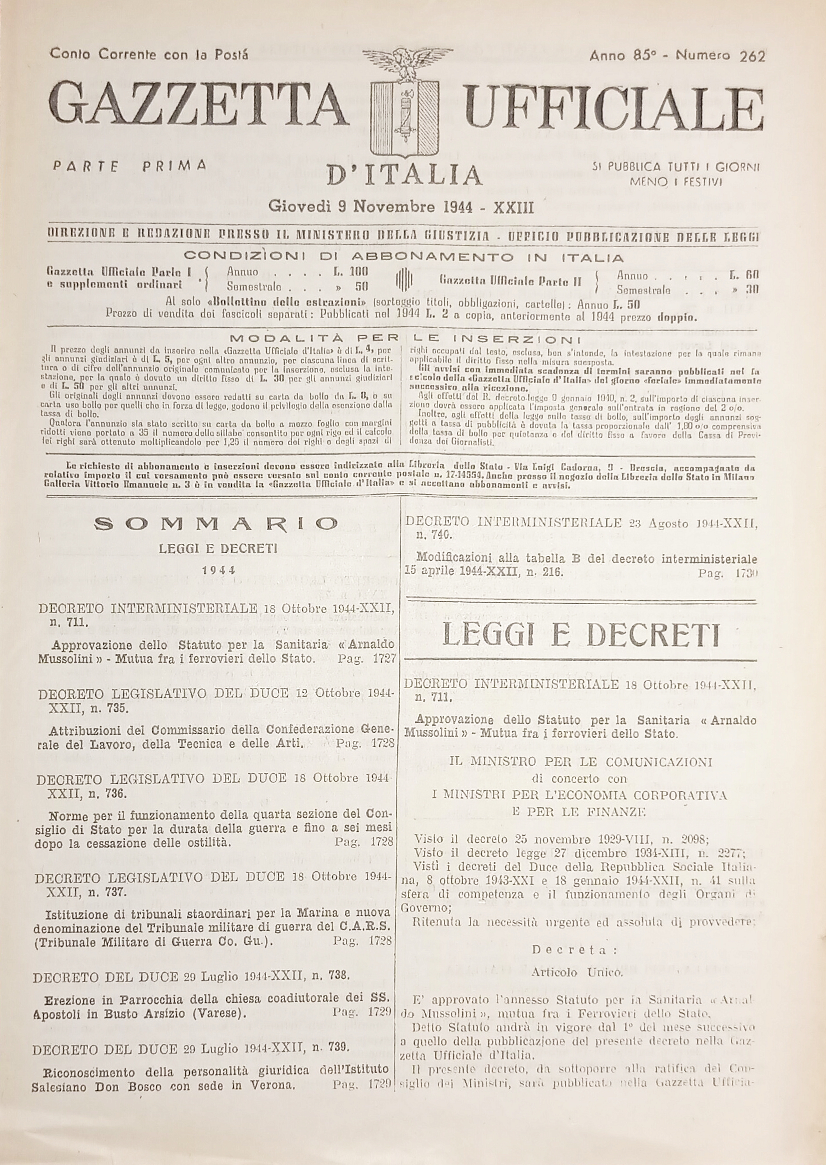 RSI Gazzetta Ufficiale d'Italia N. 262 - 1944