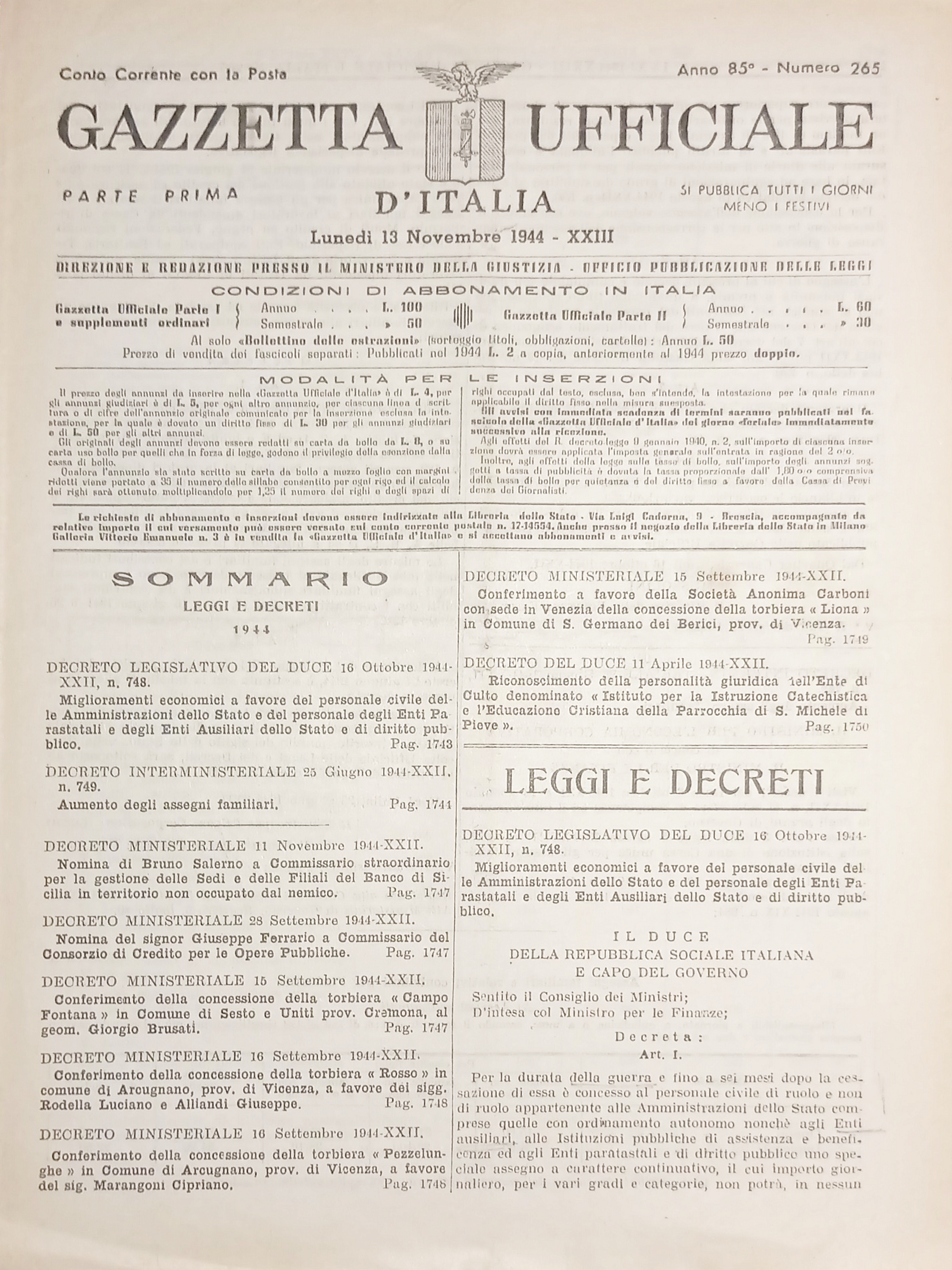 RSI Gazzetta Ufficiale d'Italia N. 265 - 1944