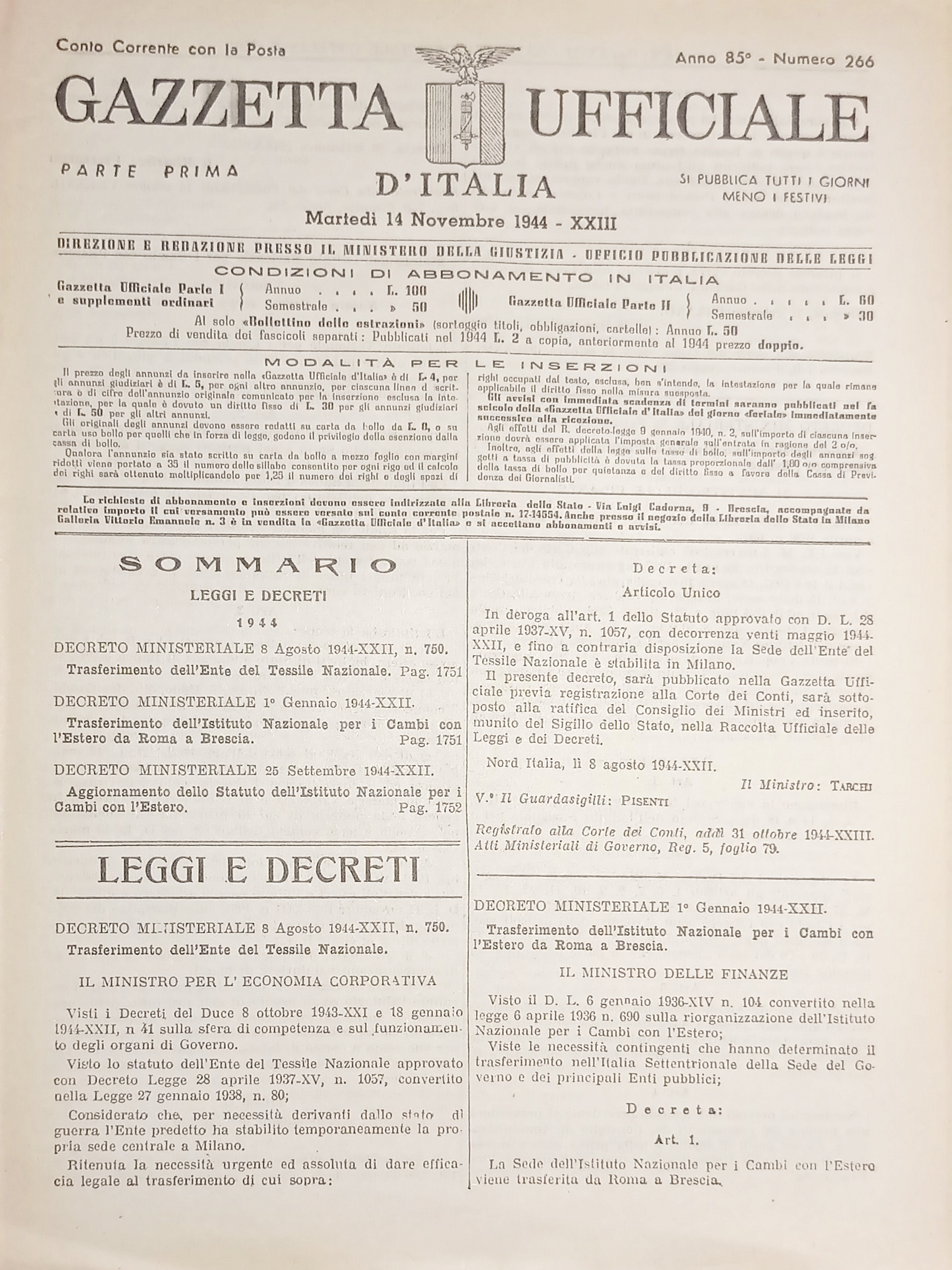 RSI Gazzetta Ufficiale d'Italia N. 266 - 1944