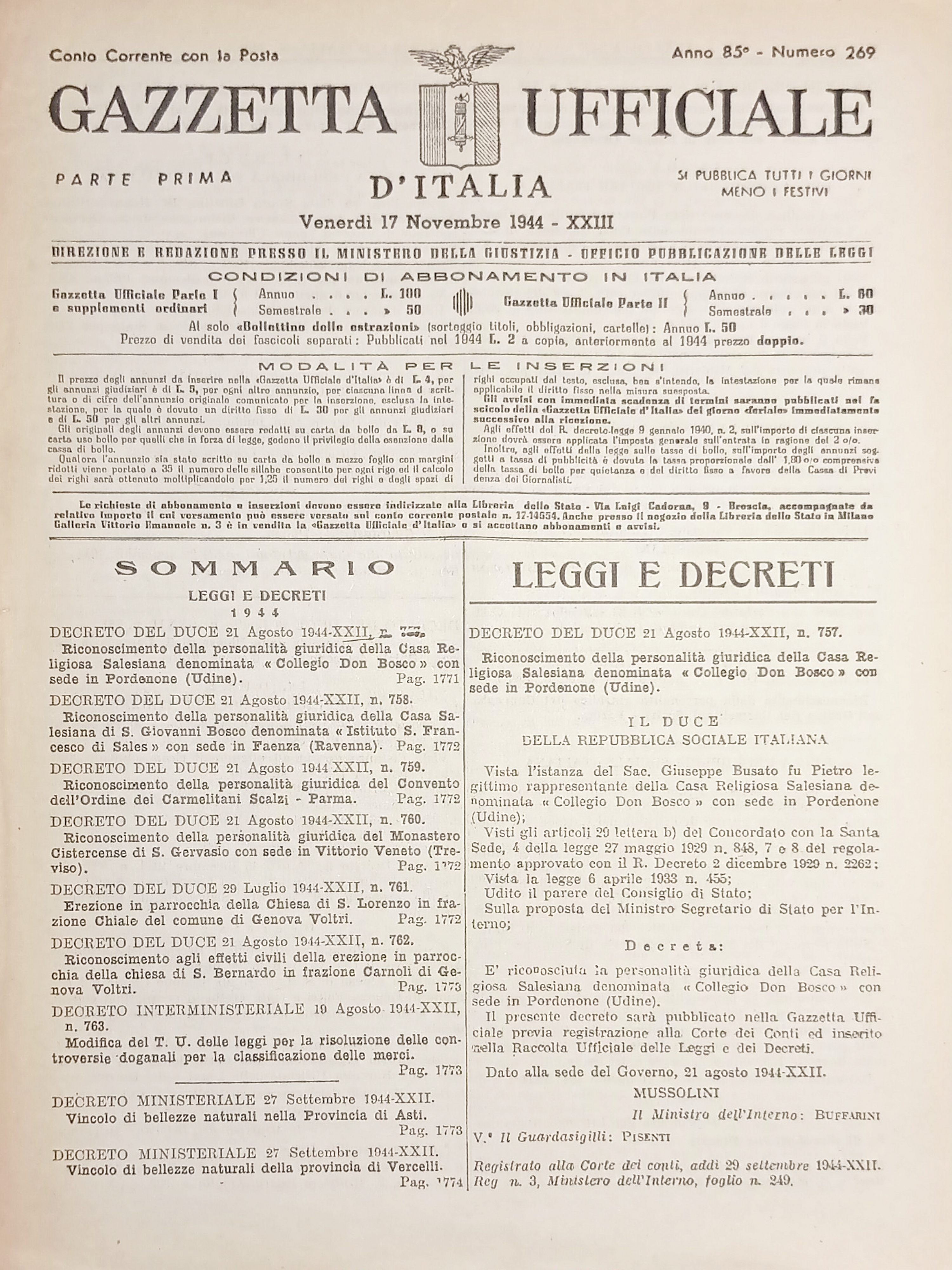 RSI Gazzetta Ufficiale d'Italia N. 269 - 1944