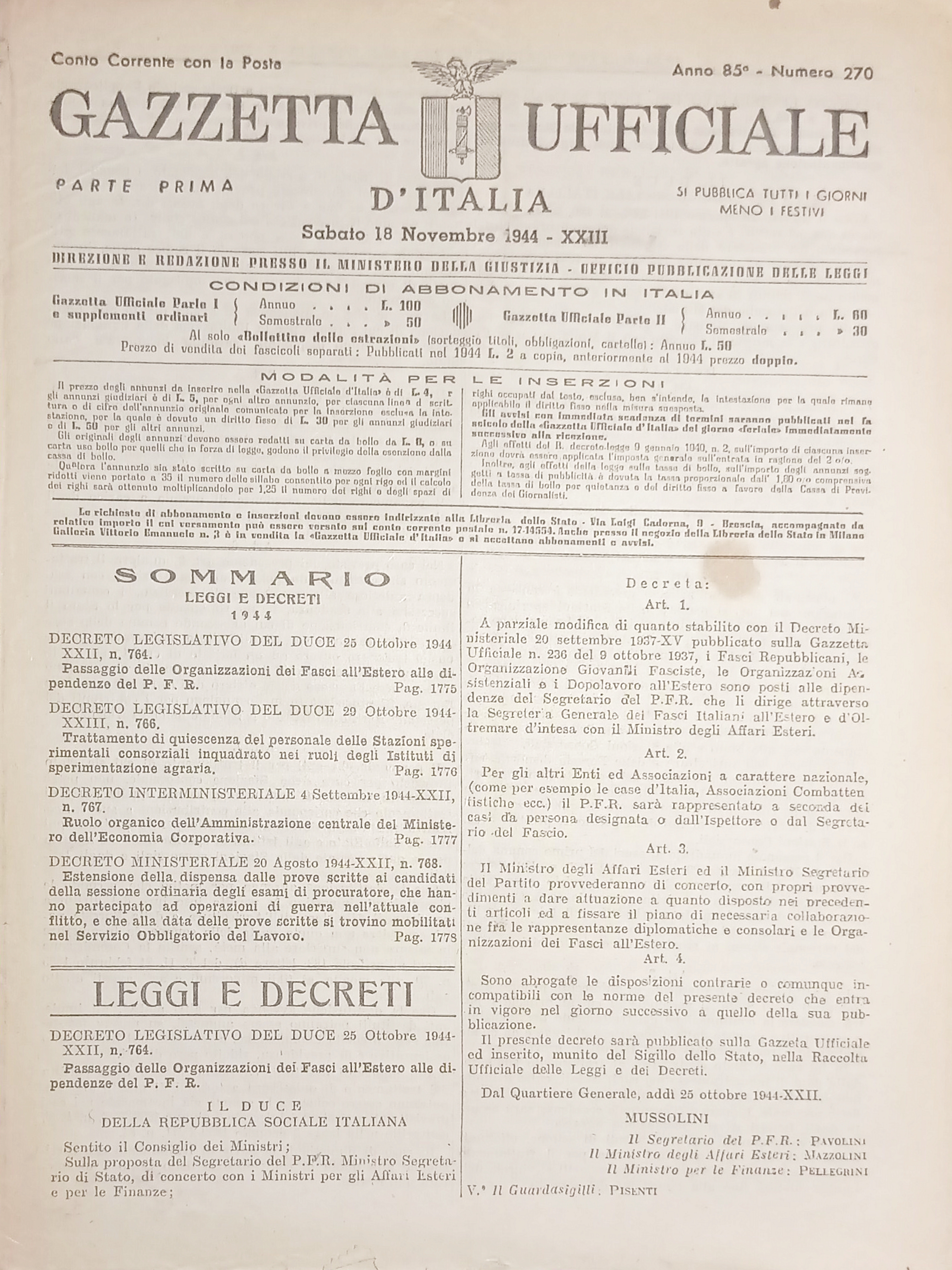 RSI Gazzetta Ufficiale d'Italia N. 270 - 1944