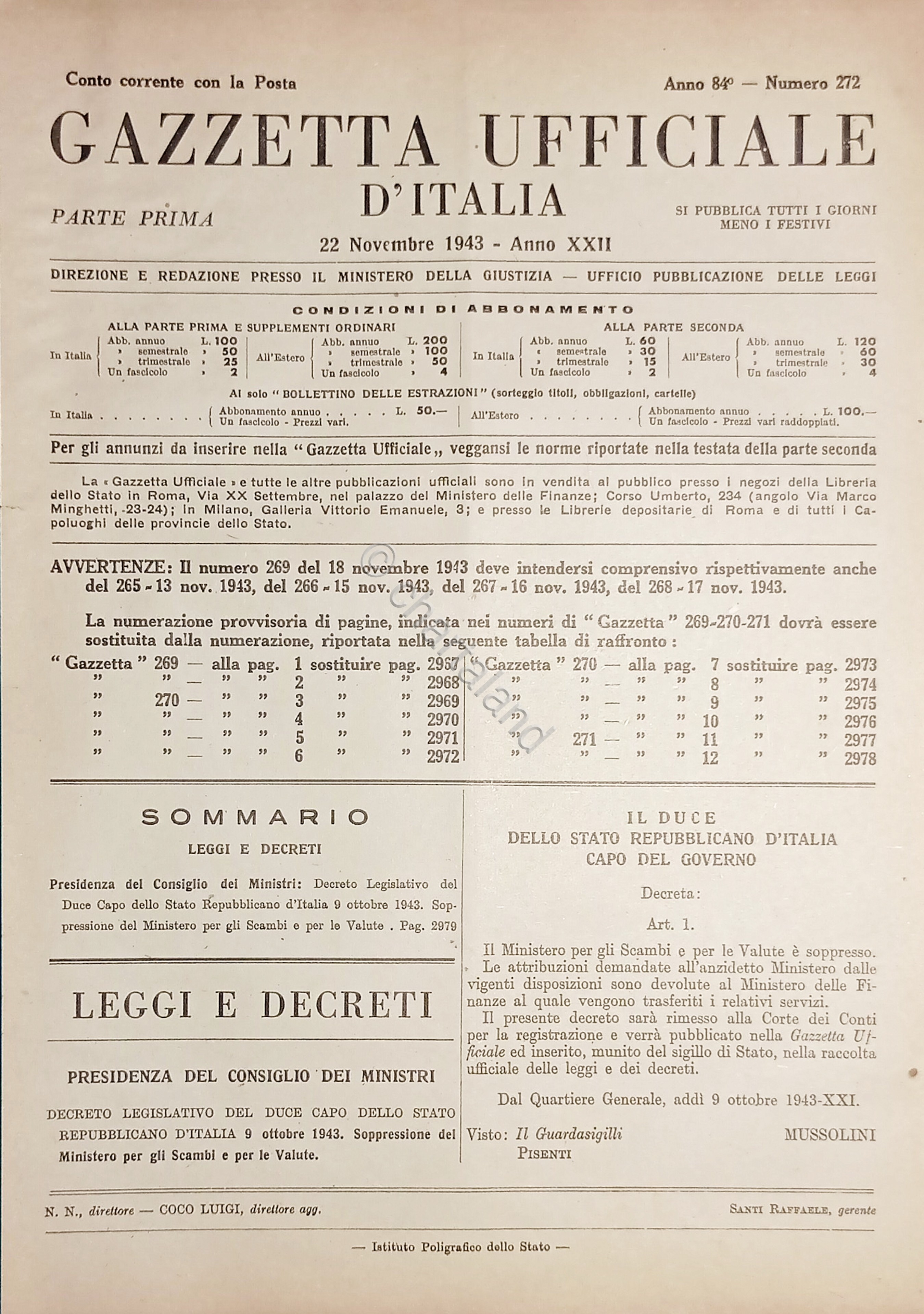 RSI Gazzetta Ufficiale d'Italia N. 272 - 1943
