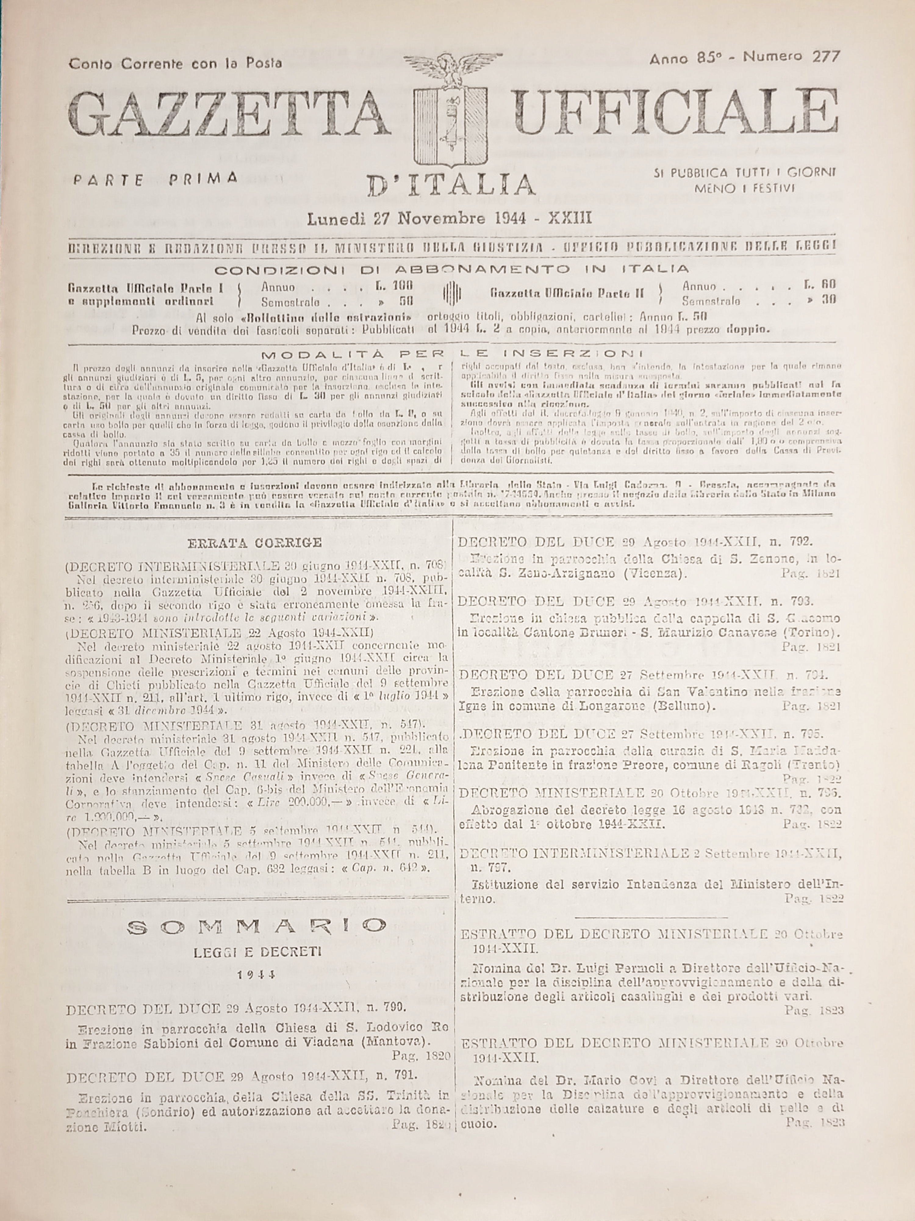 RSI Gazzetta Ufficiale d'Italia N. 277 - 1944