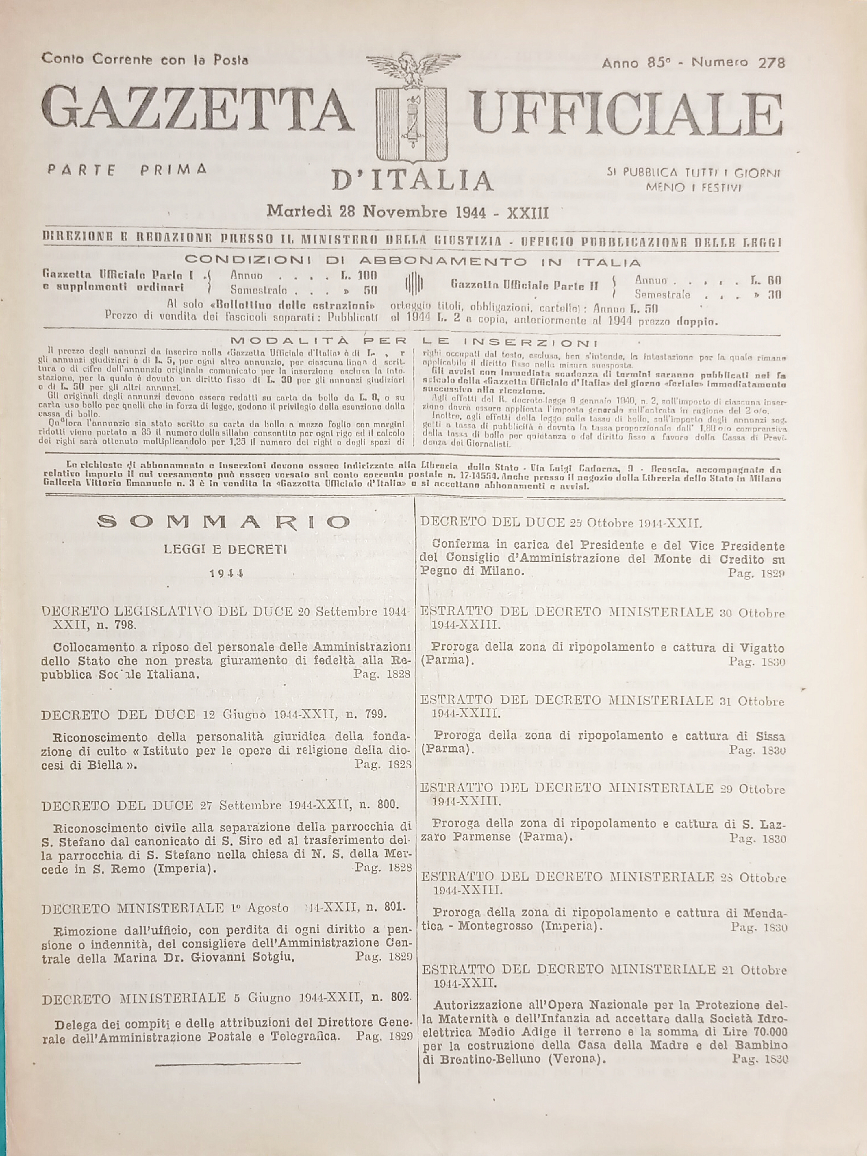 RSI Gazzetta Ufficiale d'Italia N. 278 - 1944