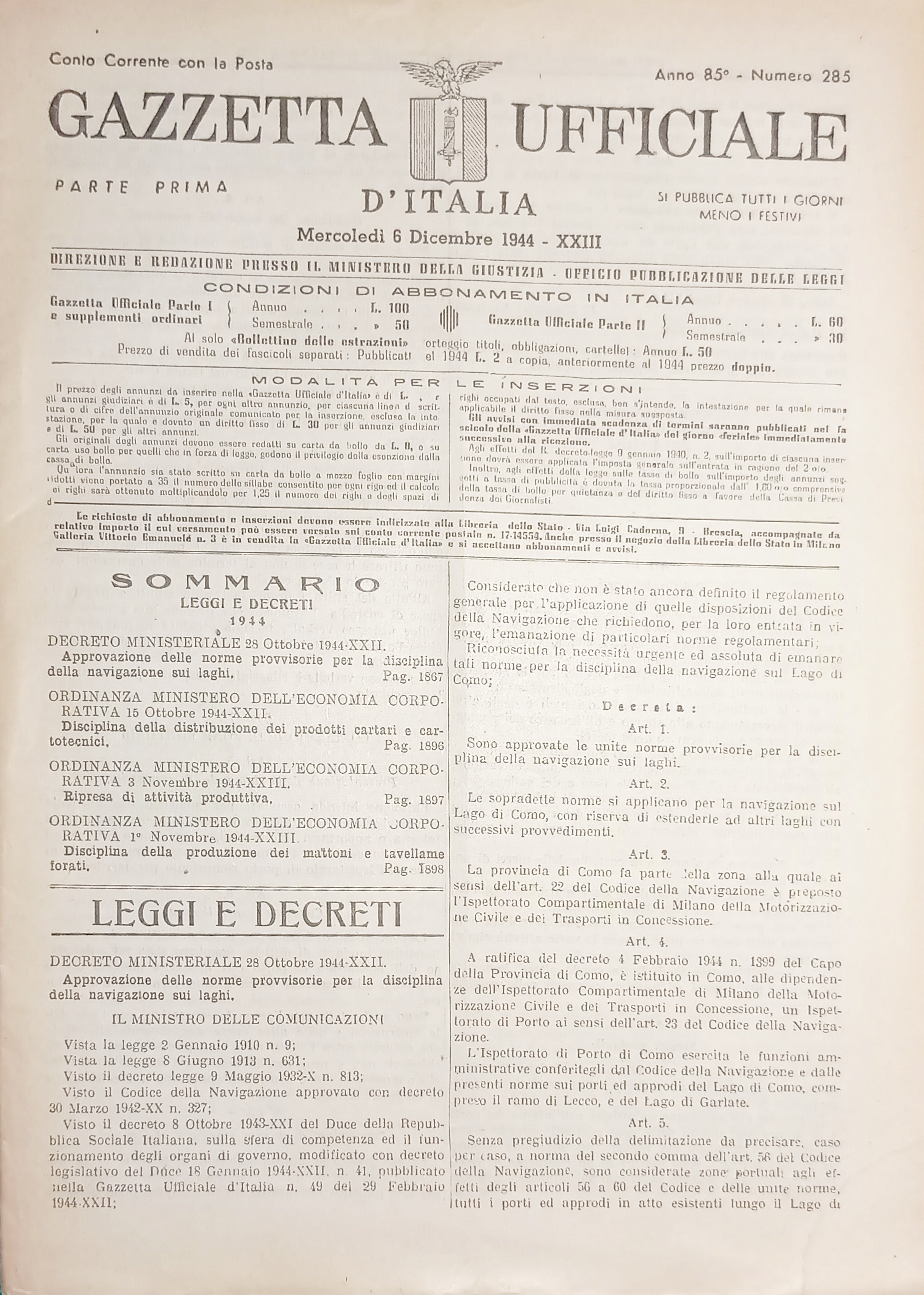RSI Gazzetta Ufficiale d'Italia N. 285 - 1944