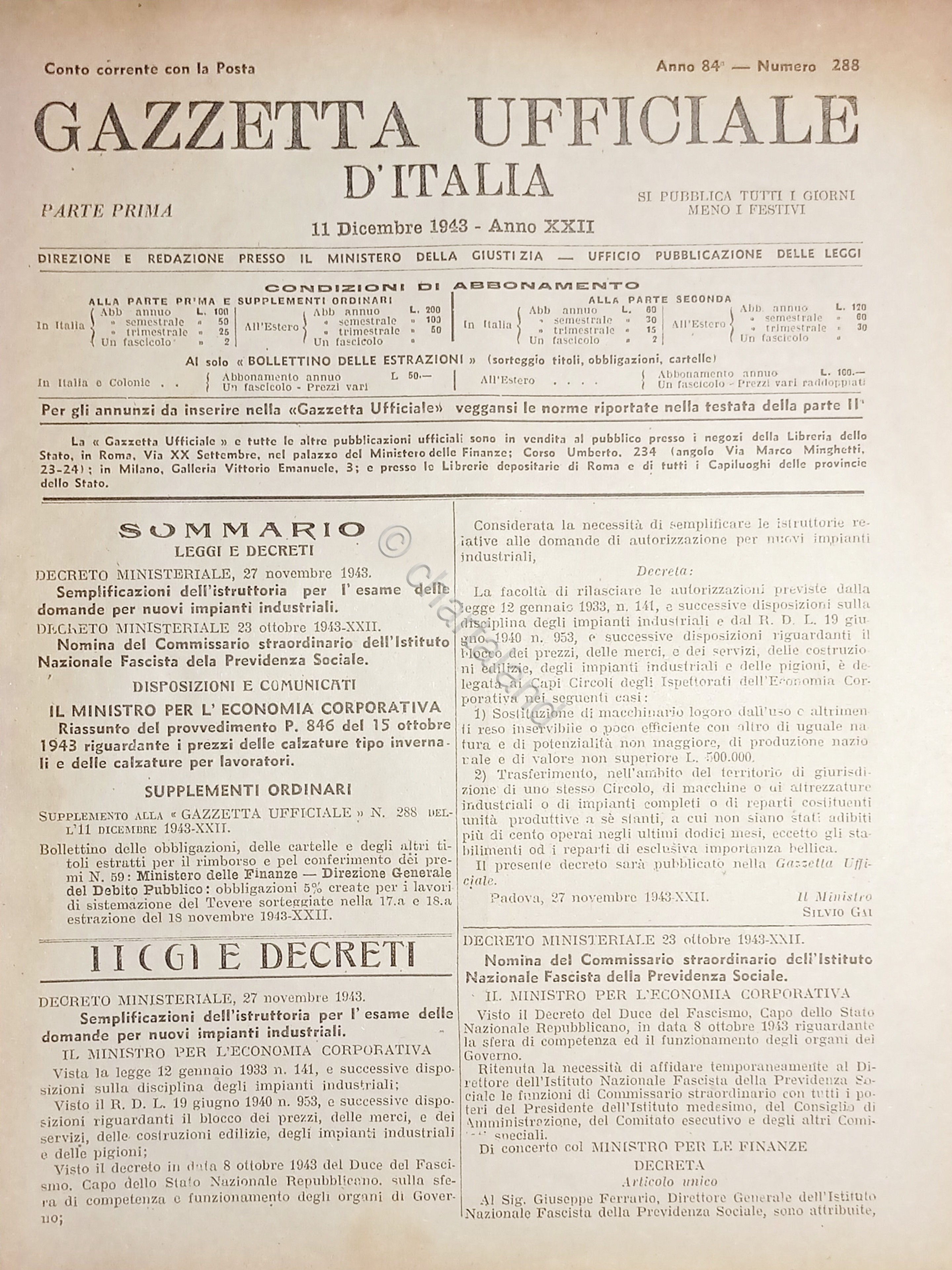 RSI Gazzetta Ufficiale d'Italia N. 288 - 1943