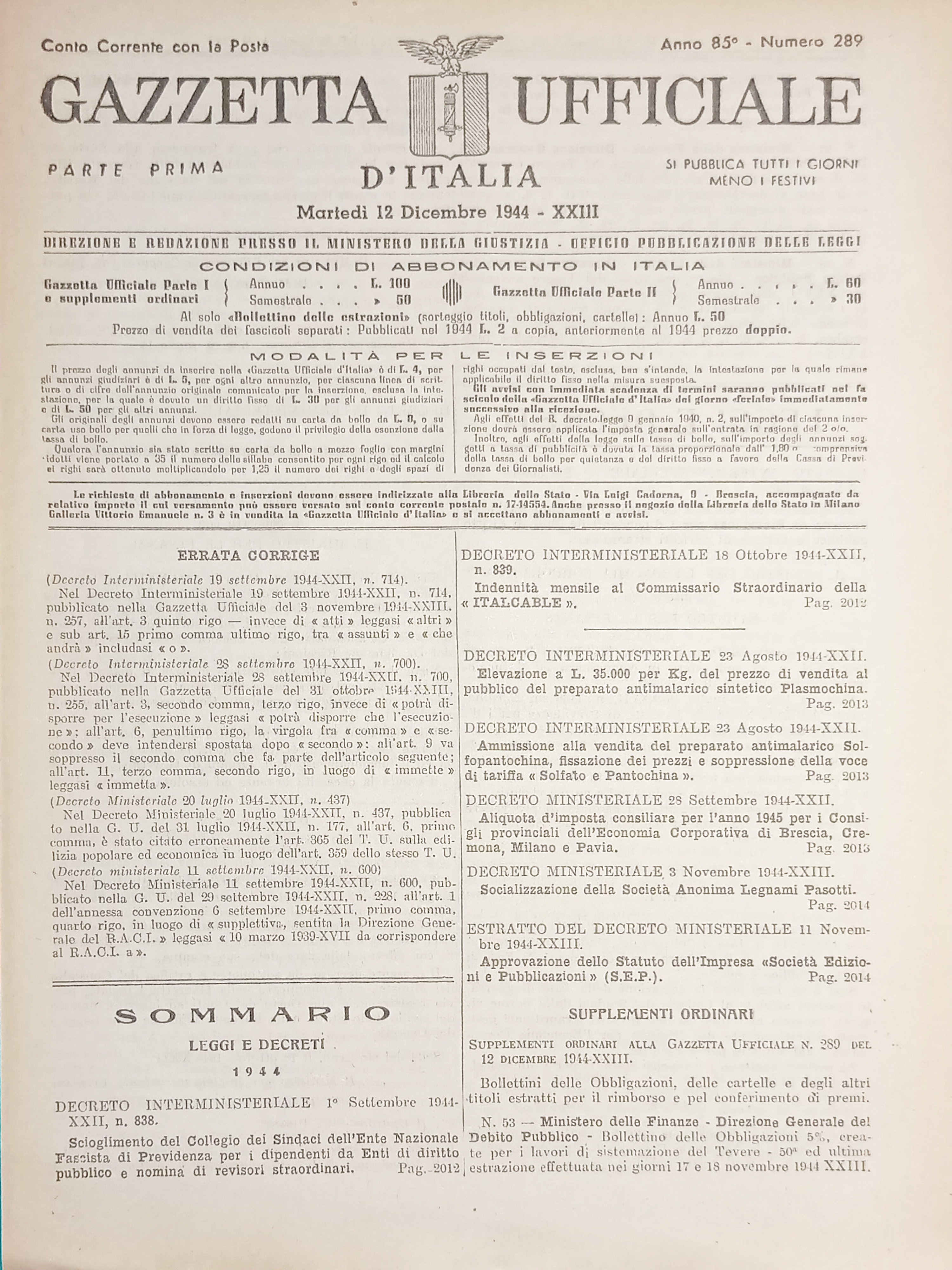 RSI Gazzetta Ufficiale d'Italia N. 289 - 1944