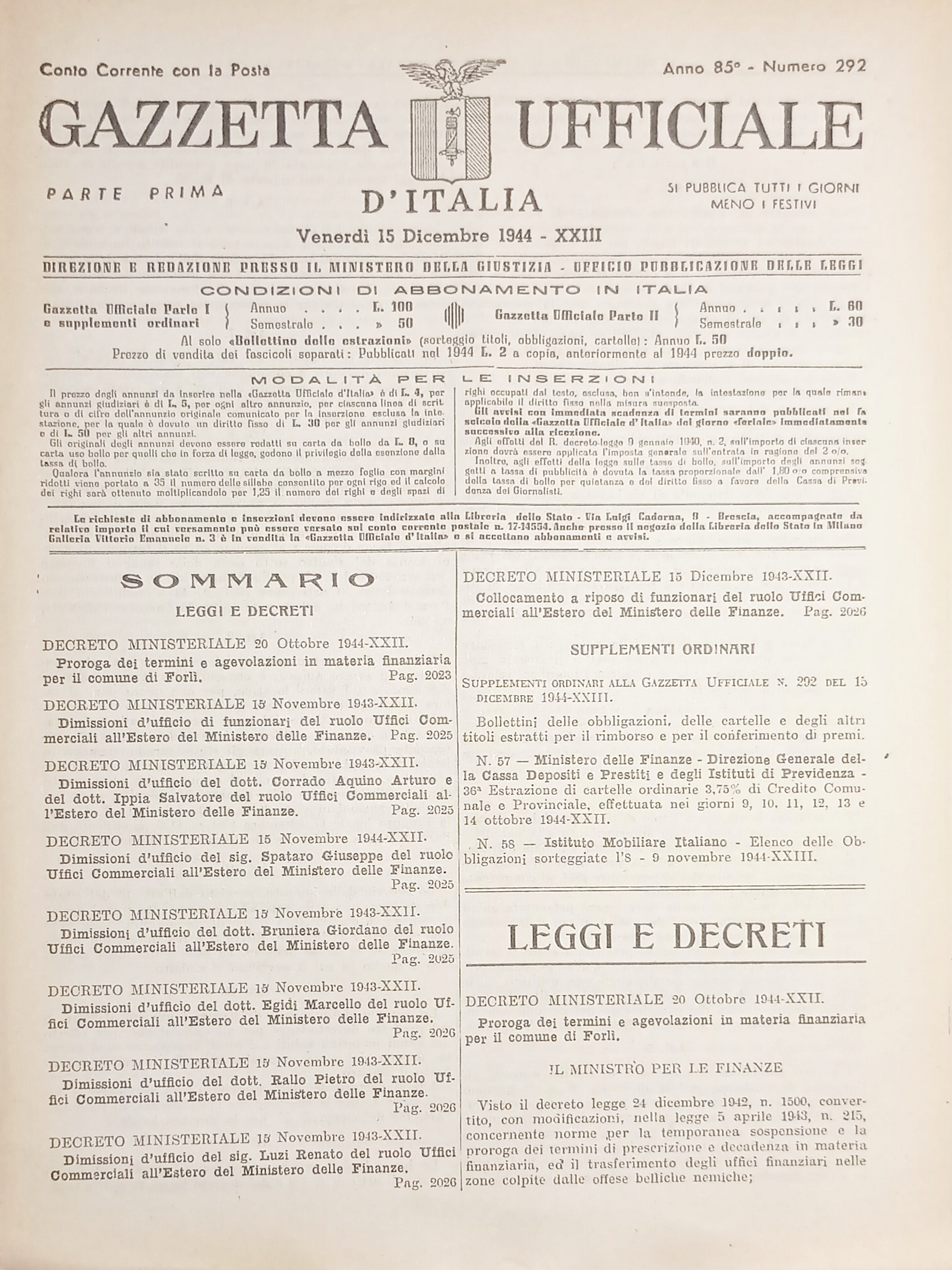 RSI Gazzetta Ufficiale d'Italia N. 292 - 1944