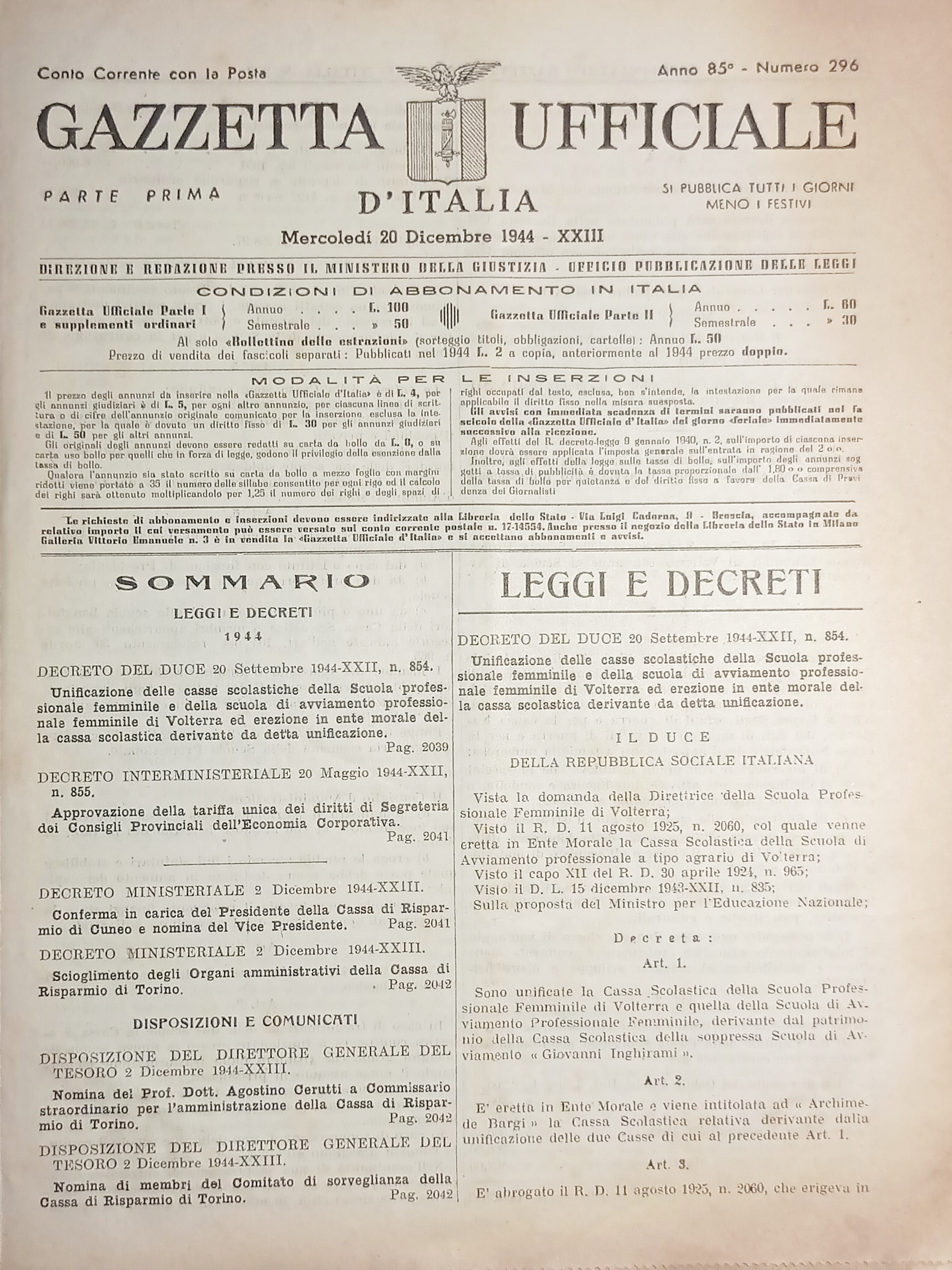 RSI Gazzetta Ufficiale d'Italia N. 296 - 1944
