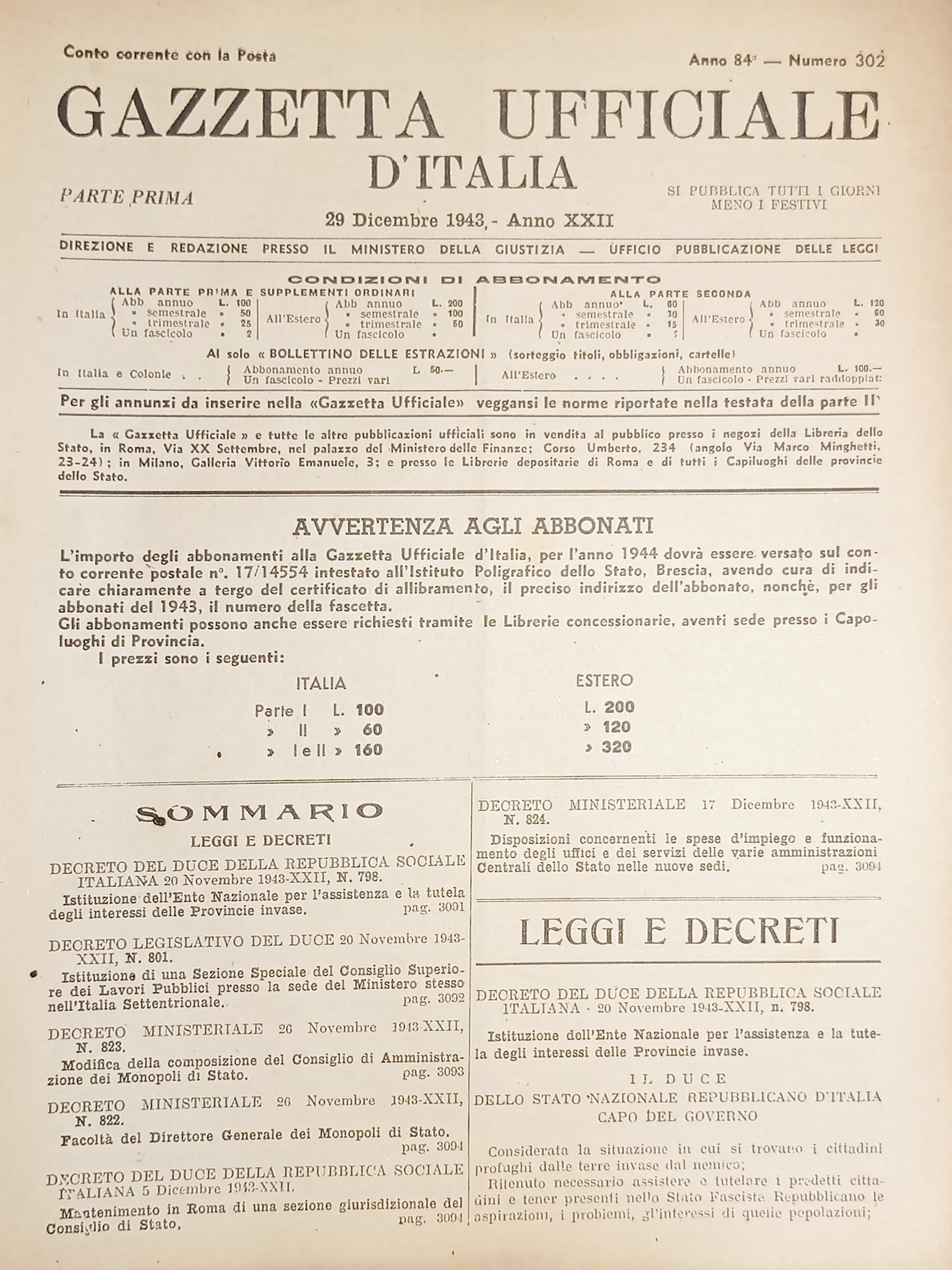 RSI Gazzetta Ufficiale d'Italia N. 302 - 1943