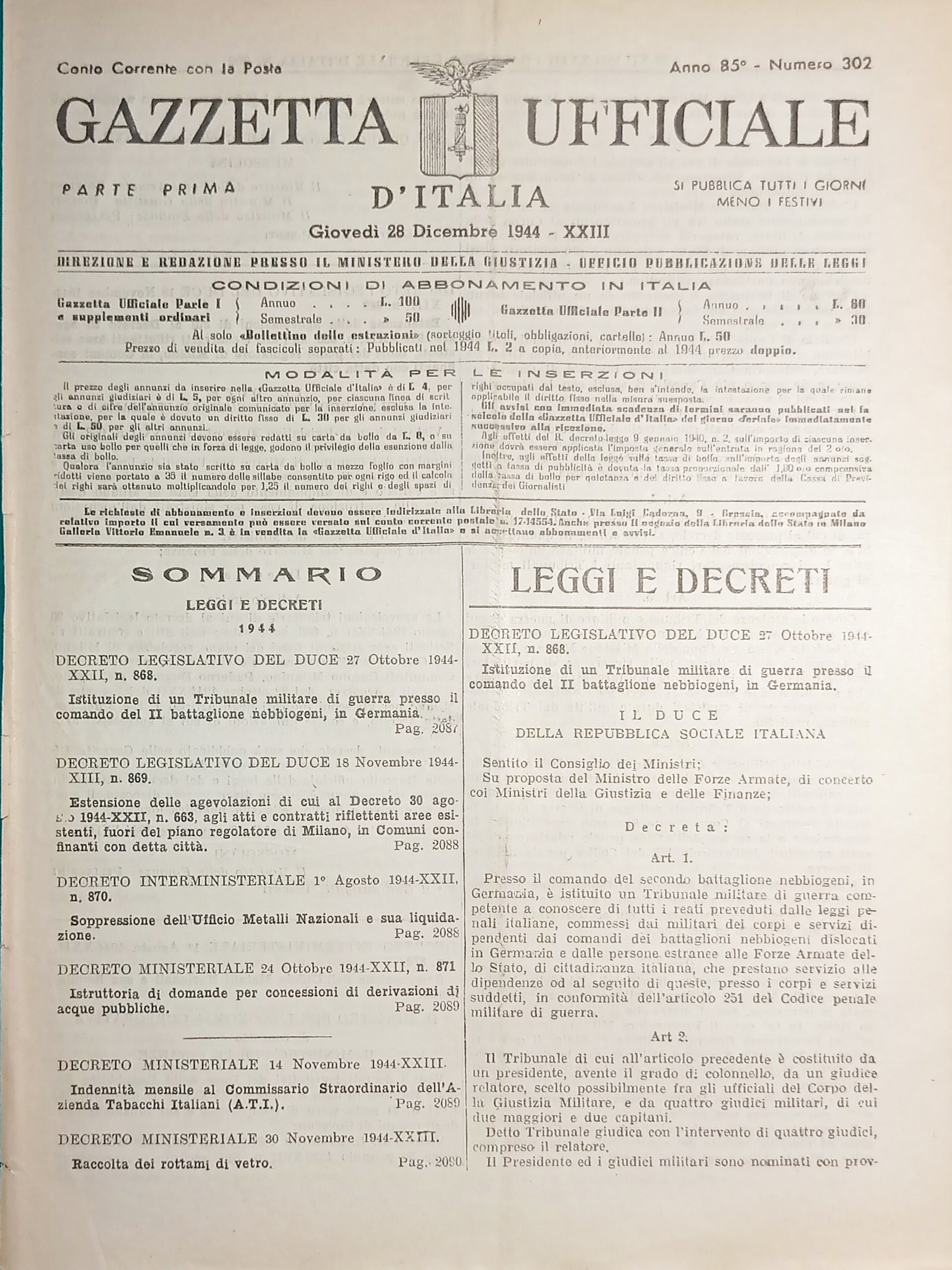RSI Gazzetta Ufficiale d'Italia N. 302 - 1944