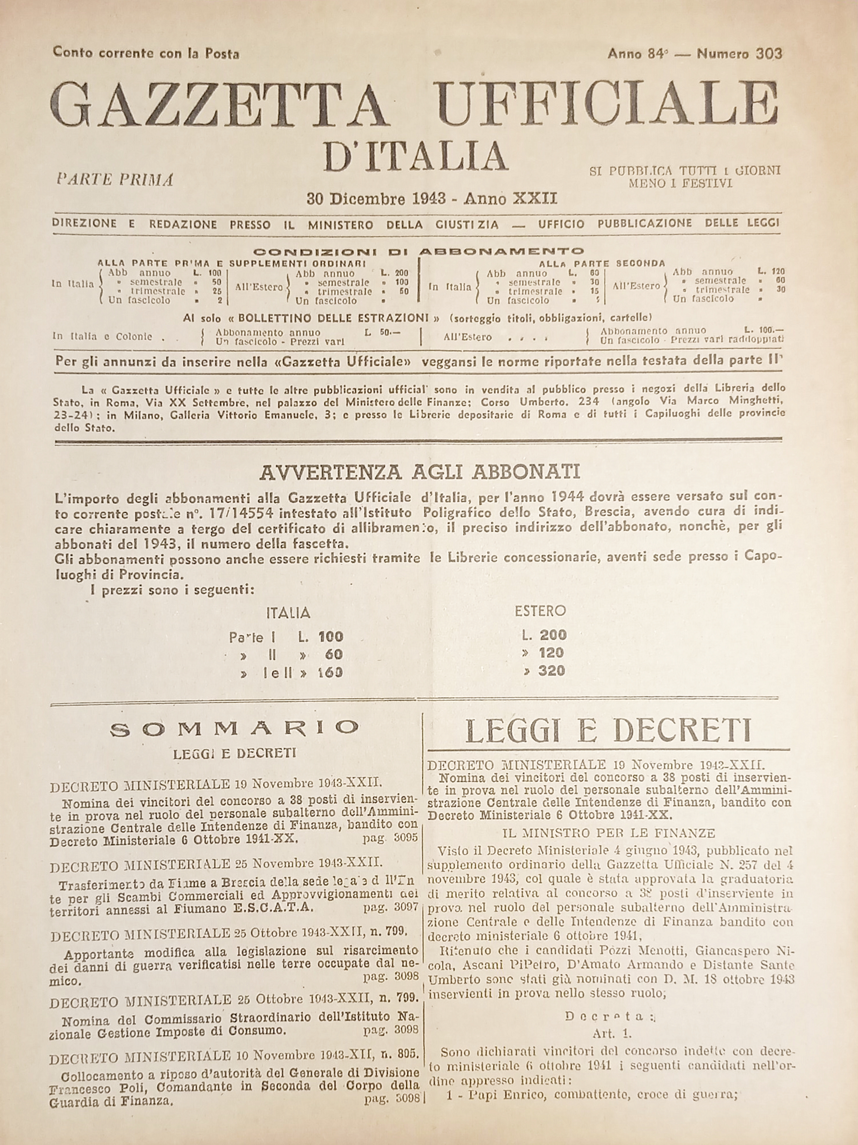 RSI Gazzetta Ufficiale d'Italia N. 303 - 1943