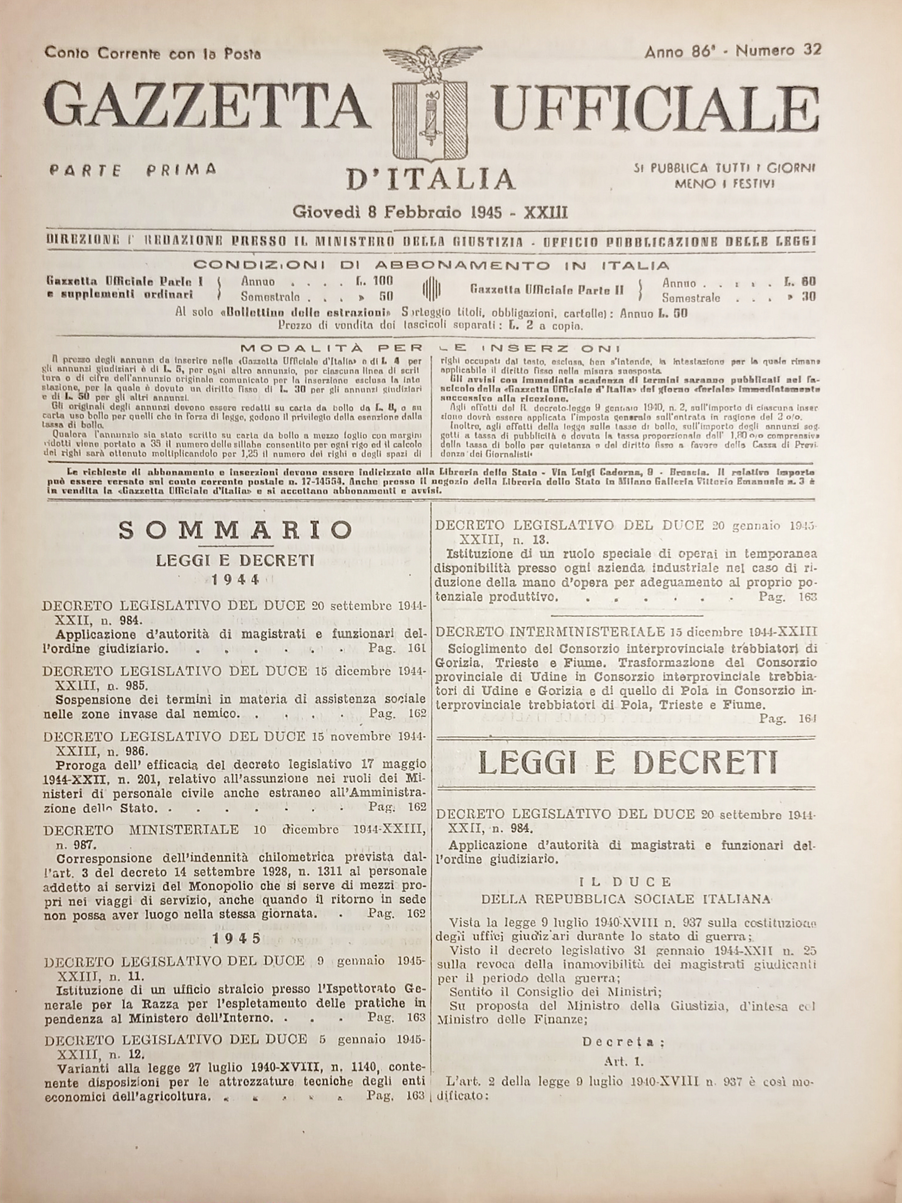 RSI Gazzetta Ufficiale d'Italia N. 32 - 1945