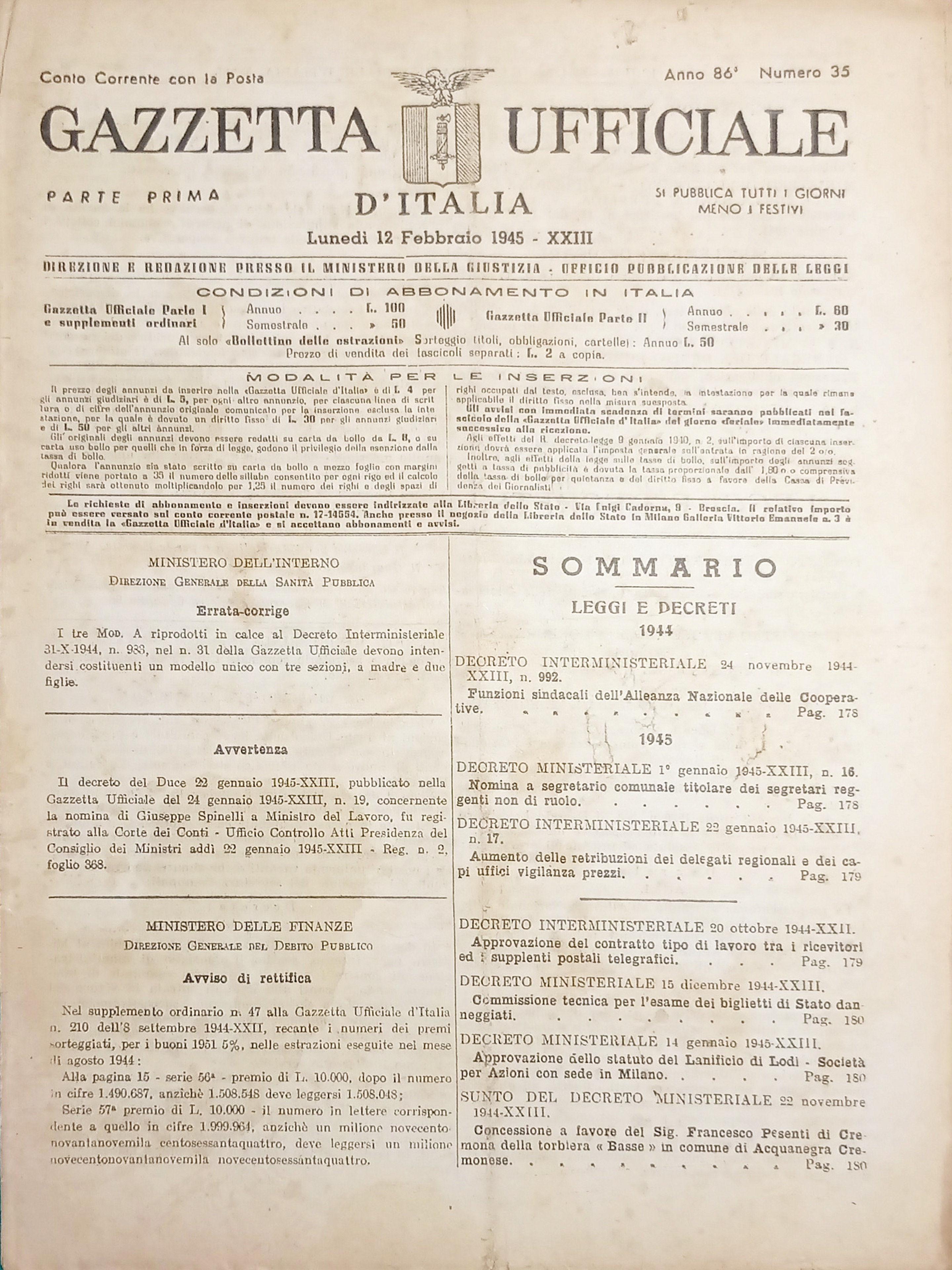 RSI Gazzetta Ufficiale d'Italia N. 35 - 1945