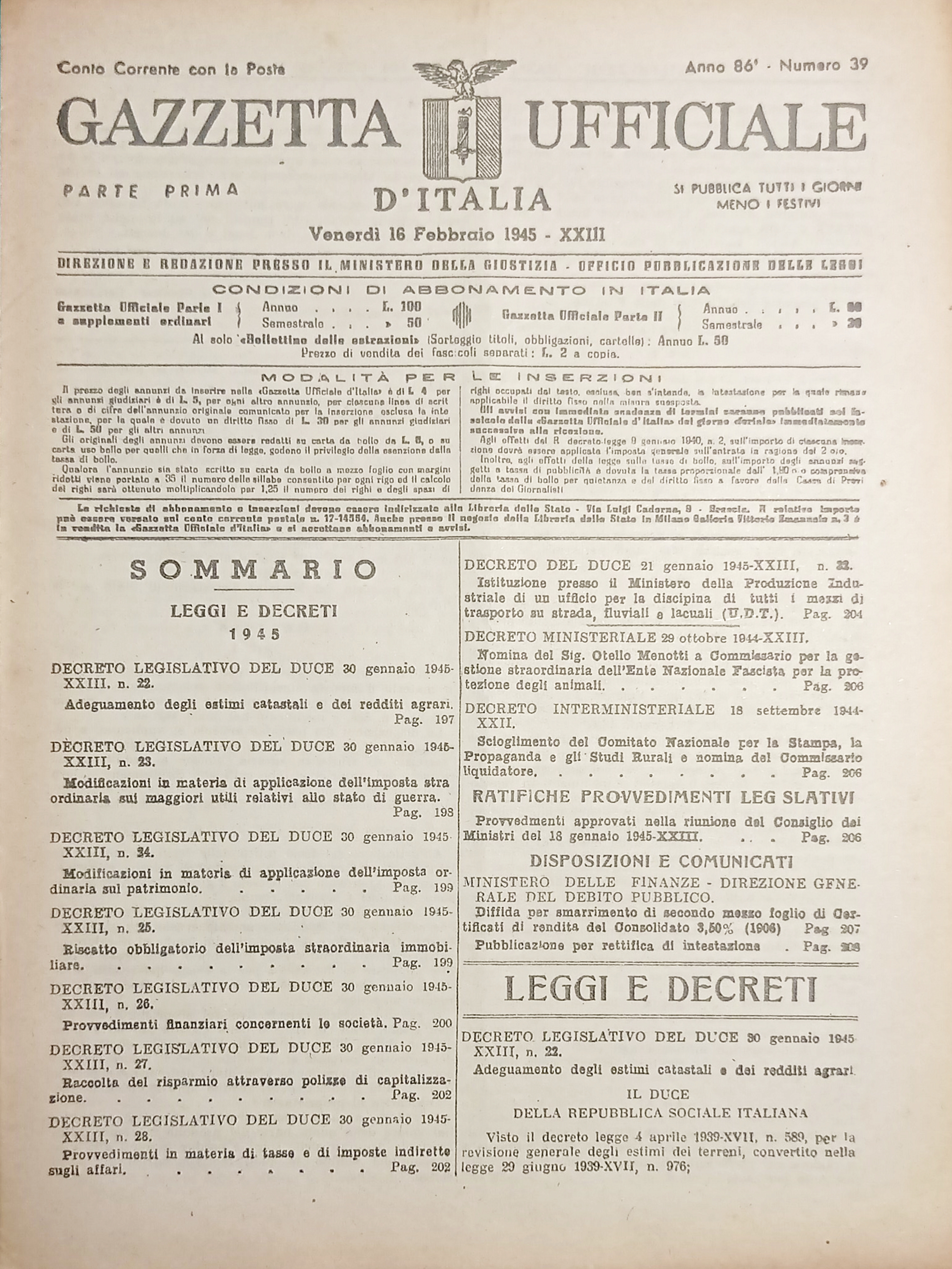 RSI Gazzetta Ufficiale d'Italia N. 39 - 1945