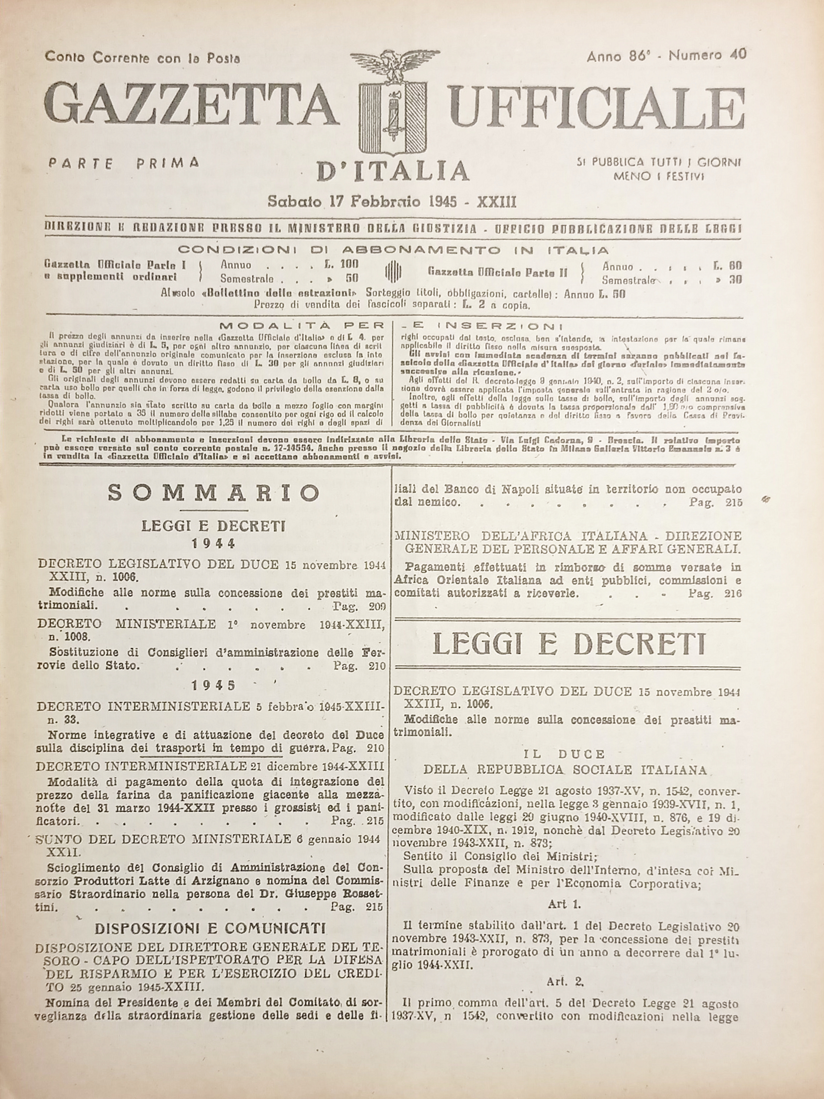 RSI Gazzetta Ufficiale d'Italia N. 40 - 1945