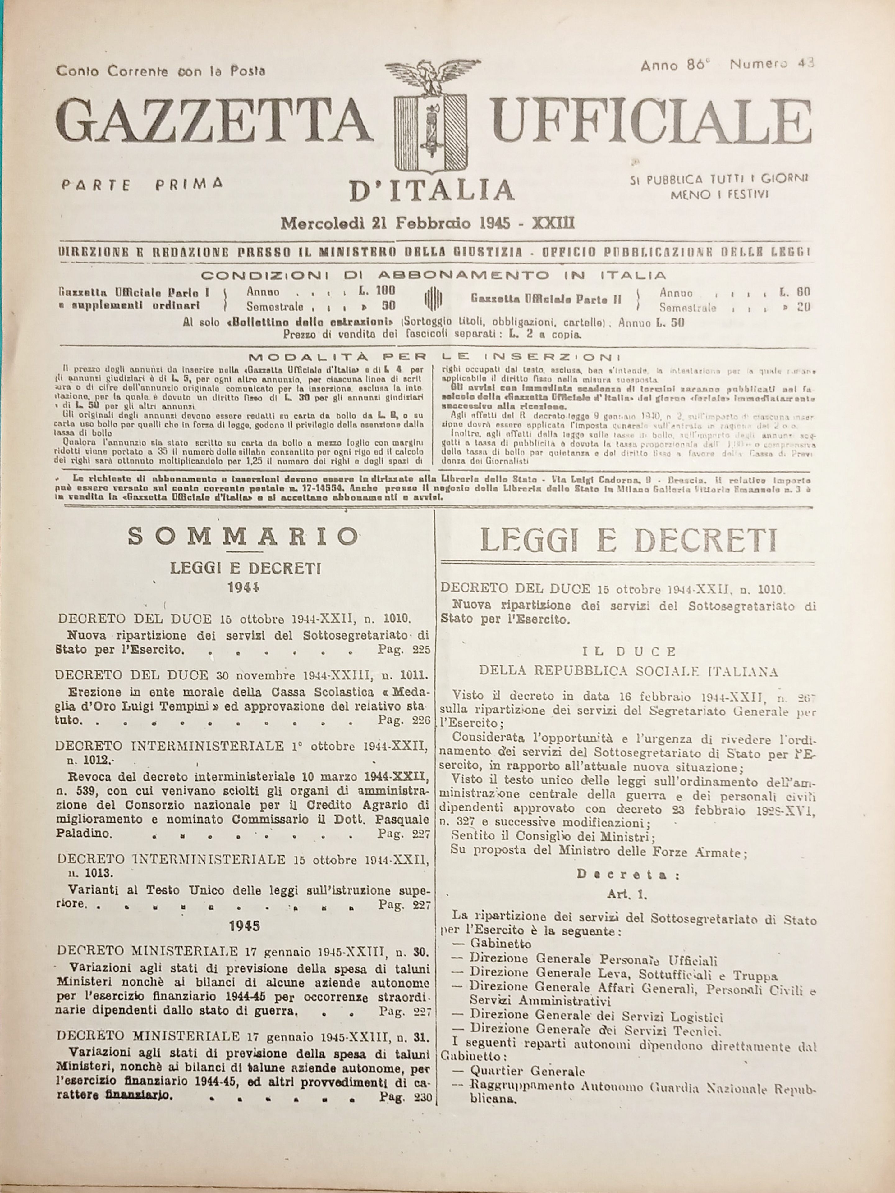 RSI Gazzetta Ufficiale d'Italia N. 43 - 1945