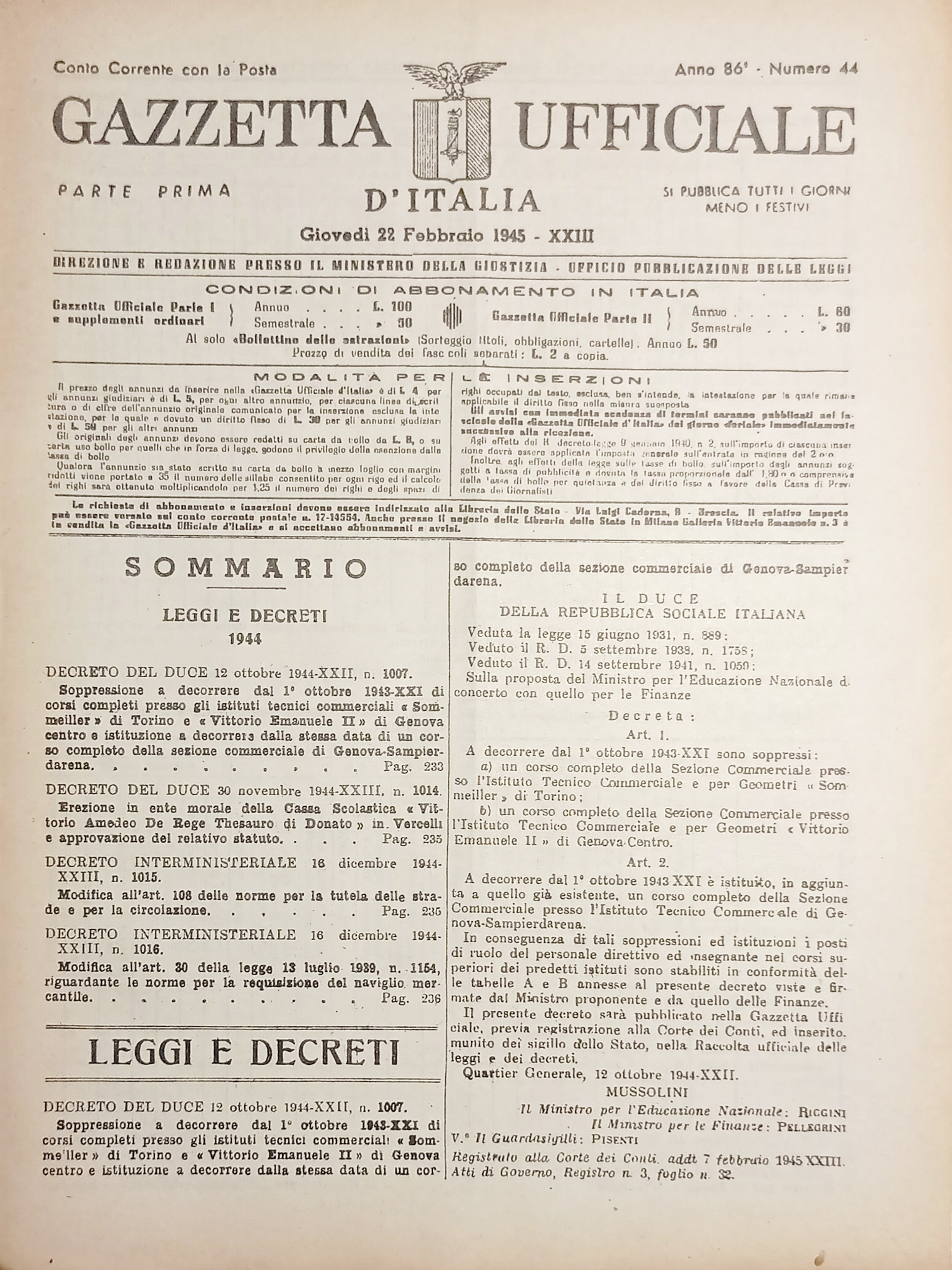 RSI Gazzetta Ufficiale d'Italia N. 44 - 1945