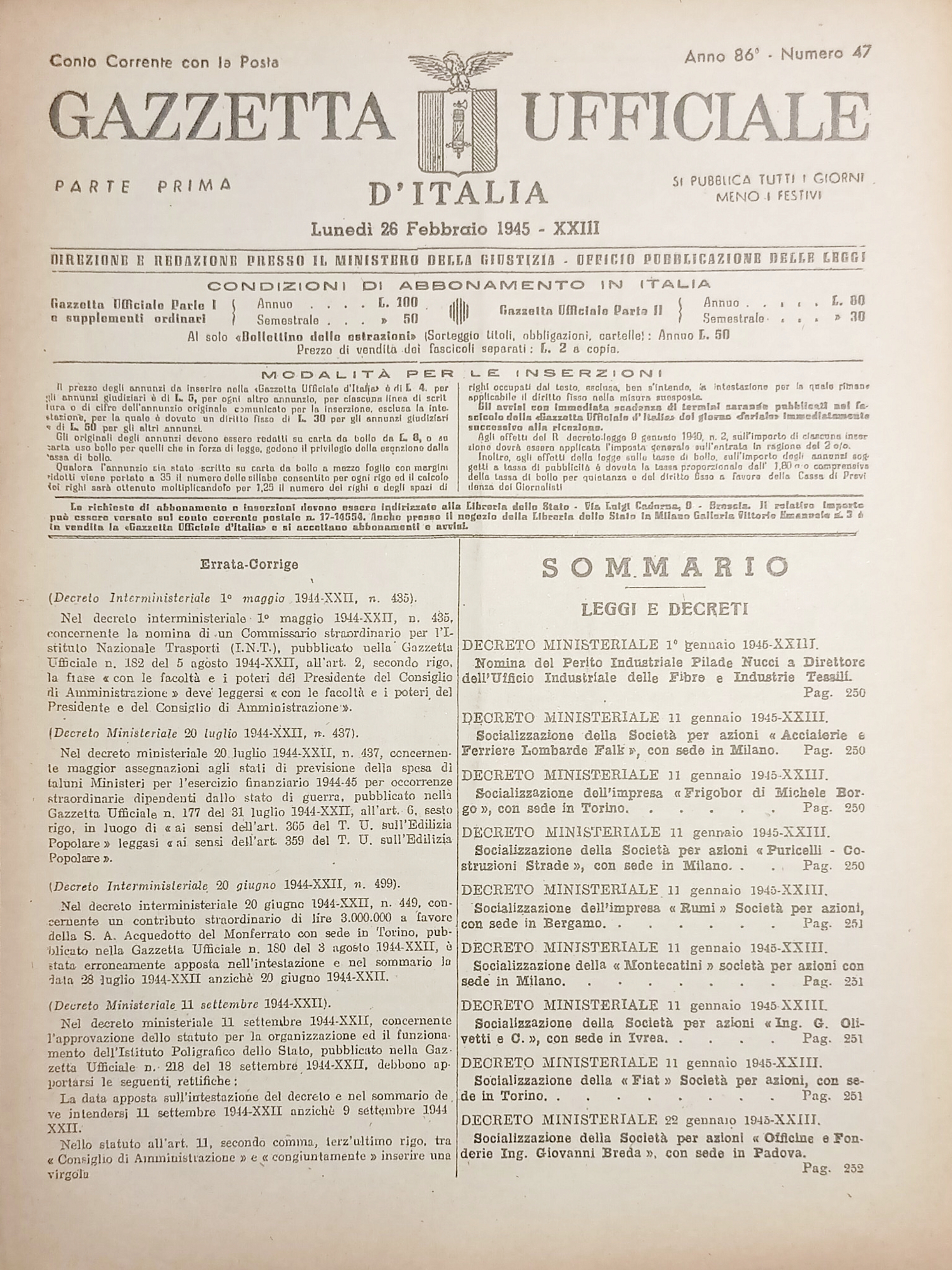 RSI Gazzetta Ufficiale d'Italia N. 47 - 1945