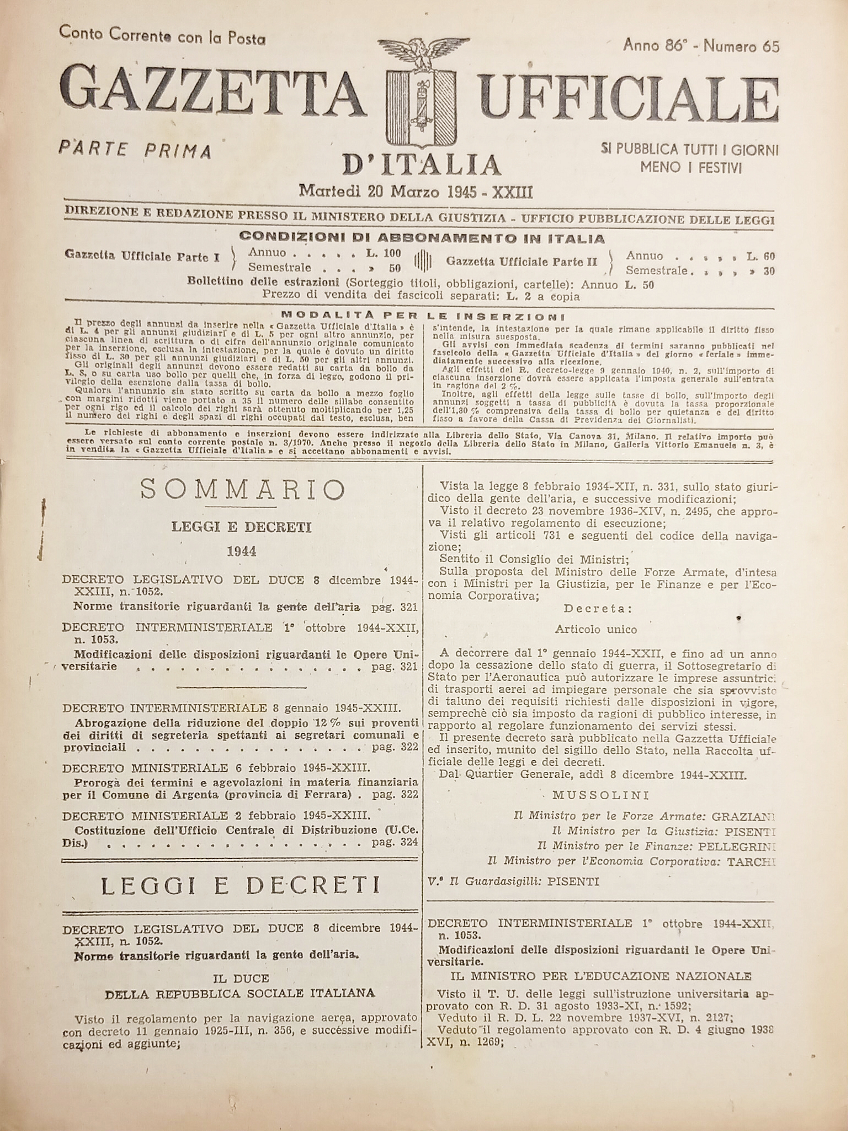 RSI Gazzetta Ufficiale d'Italia N. 65 - 1945