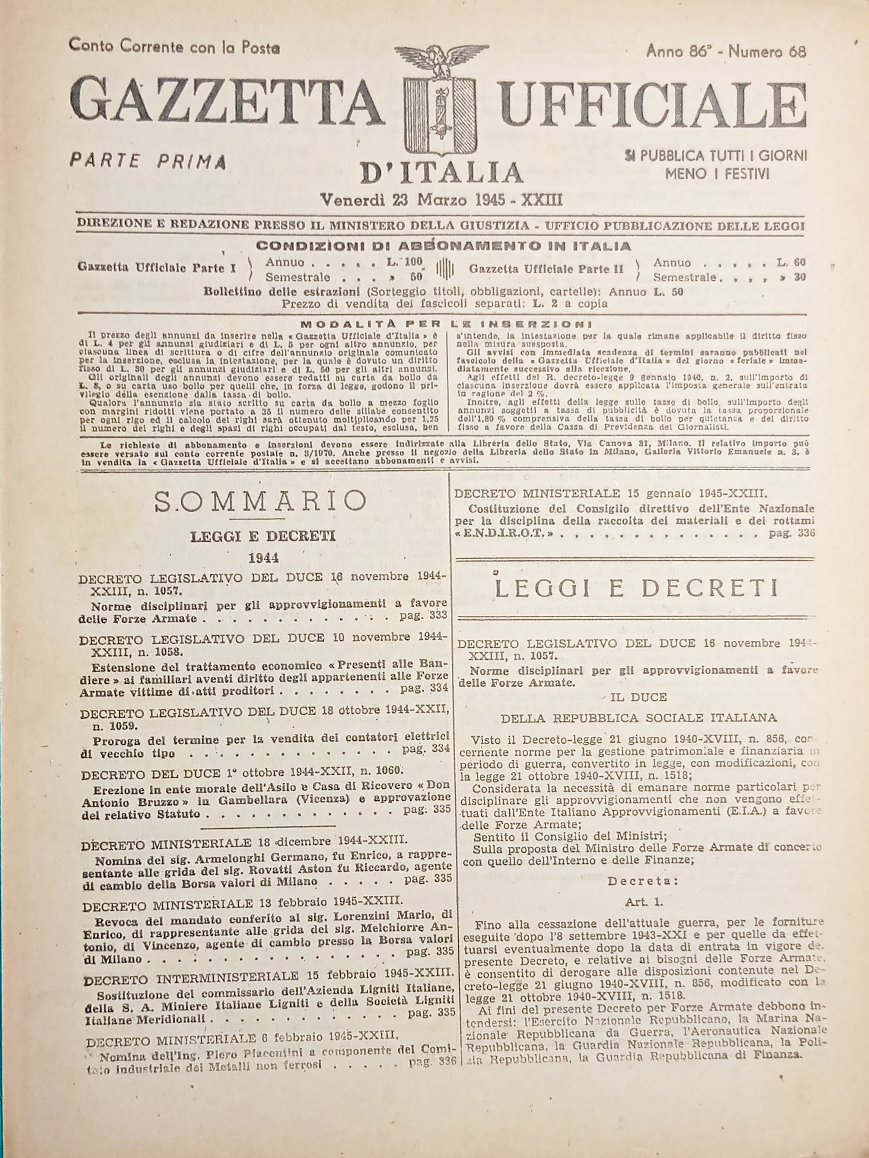 RSI Gazzetta Ufficiale d'Italia N. 68 - 1945