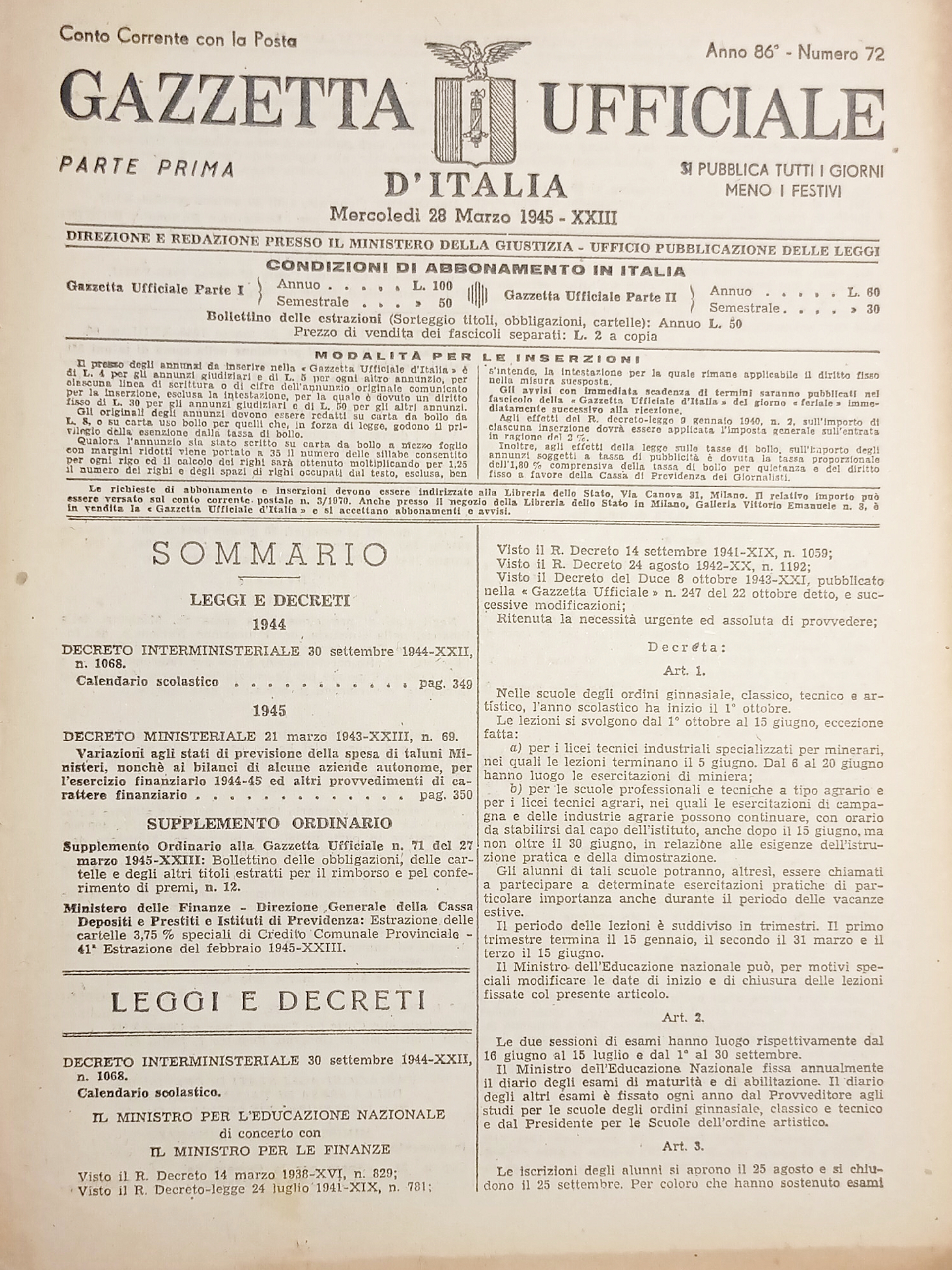 RSI Gazzetta Ufficiale d'Italia N. 72 - 1945