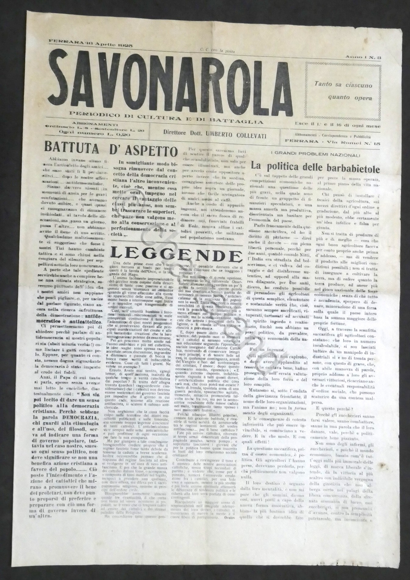 Savonarola - Periodico di cultura e di battaglia - Anno …