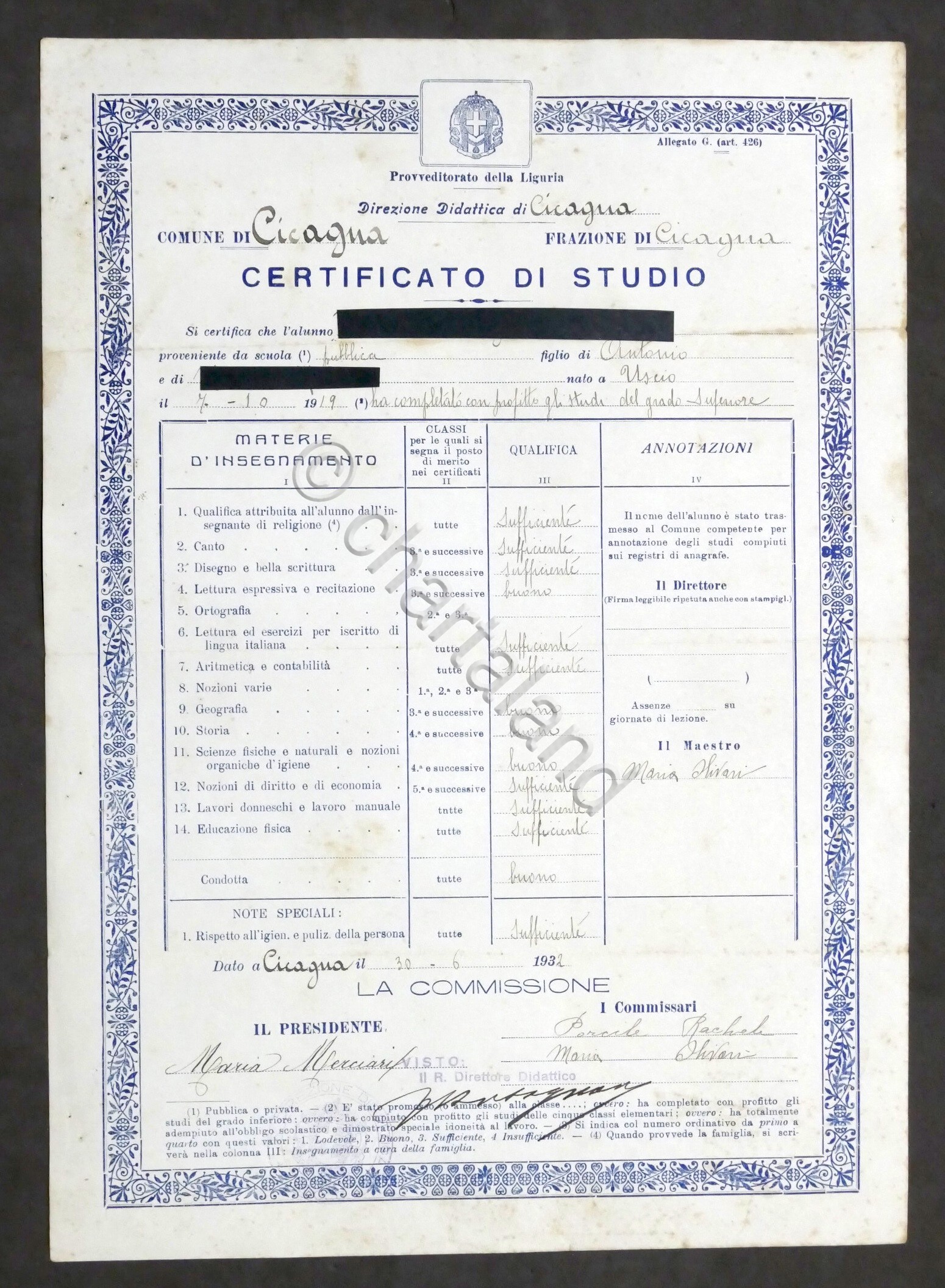 Scuola di Cicagna - Certificato di Studio di grado superiore …