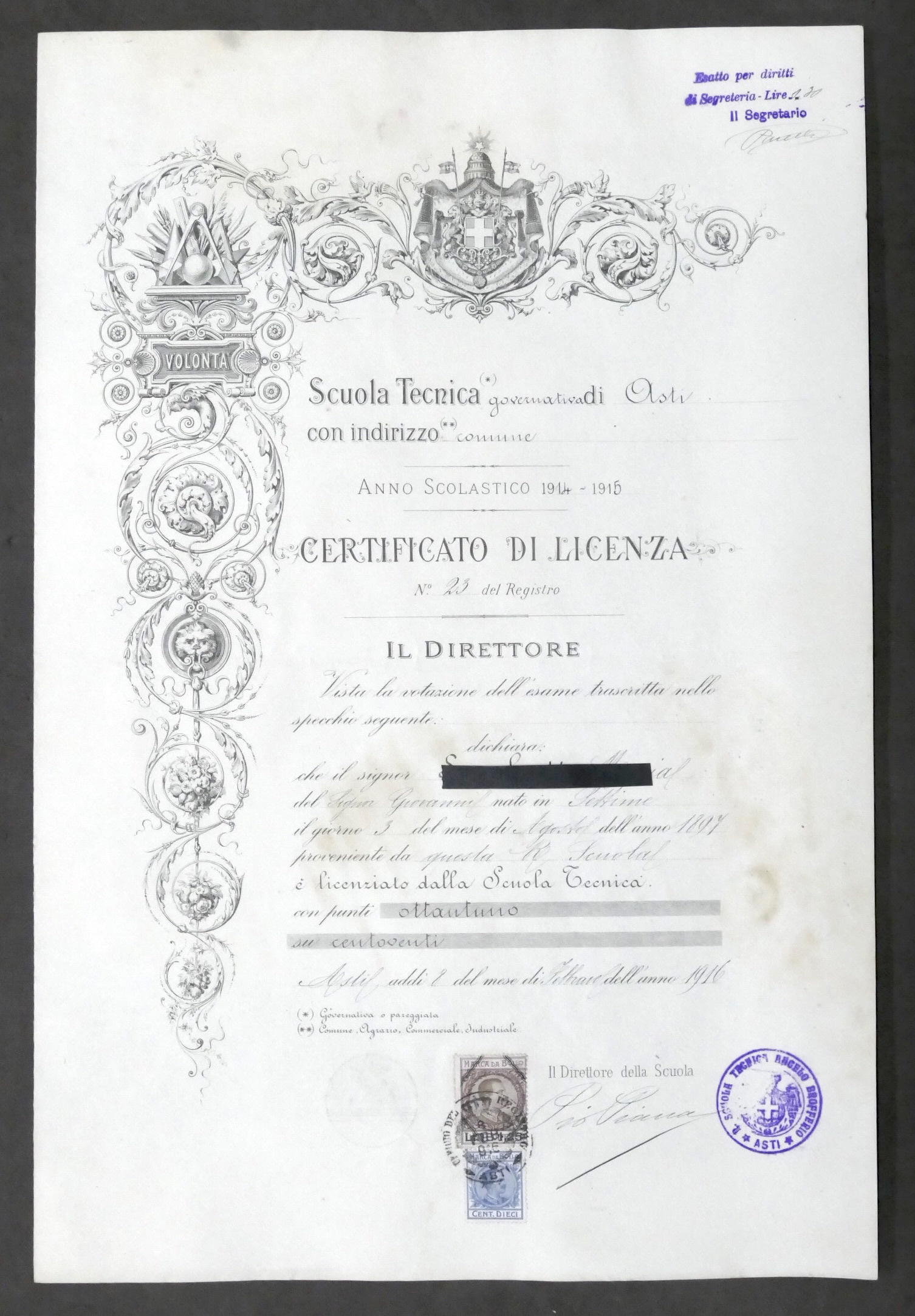 Scuola Tecnica di Asti - Certificato di Licenza - Anno …