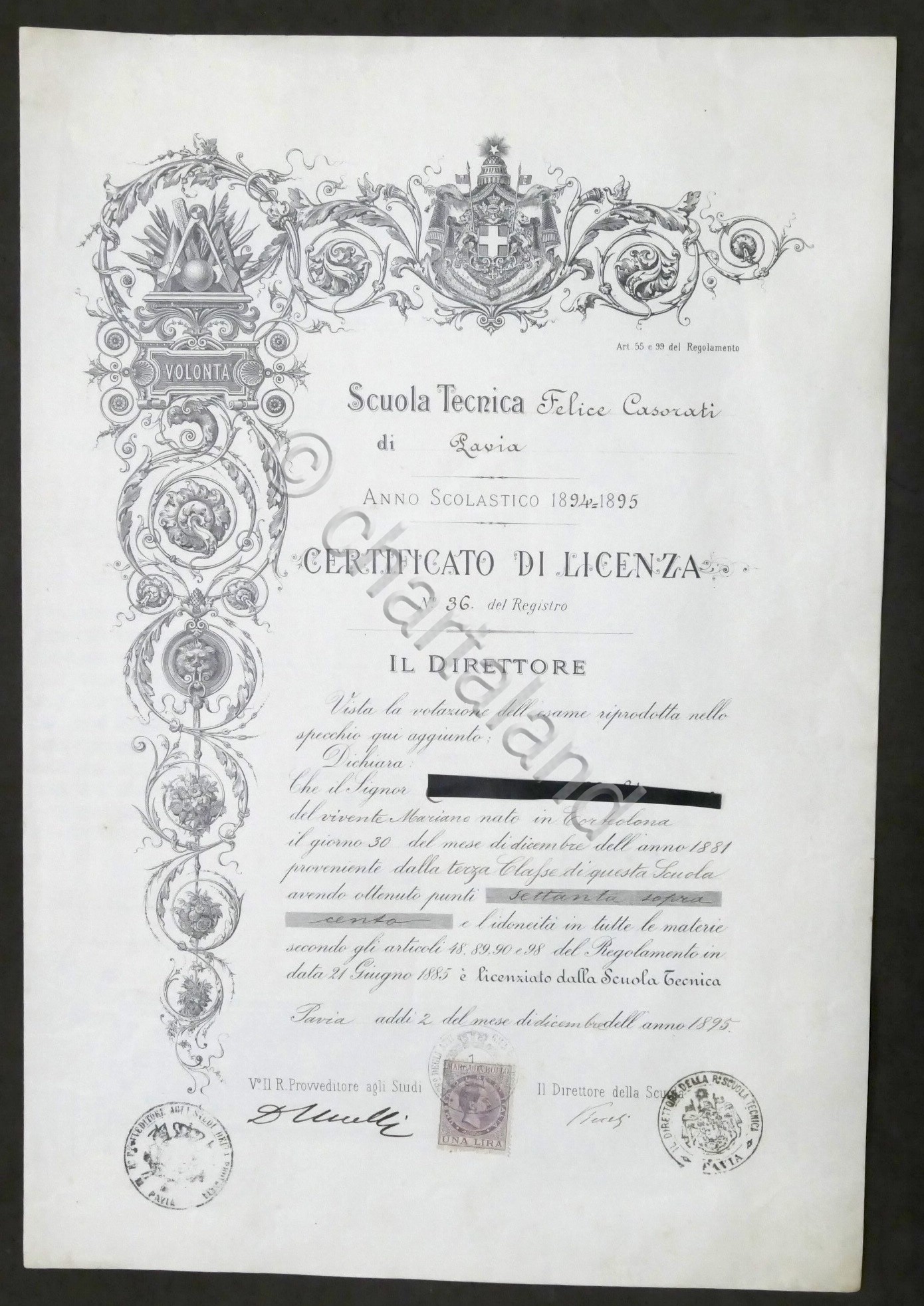 Scuola Tecnica Felice Casorati di Pavia - Certificato di Licenza …