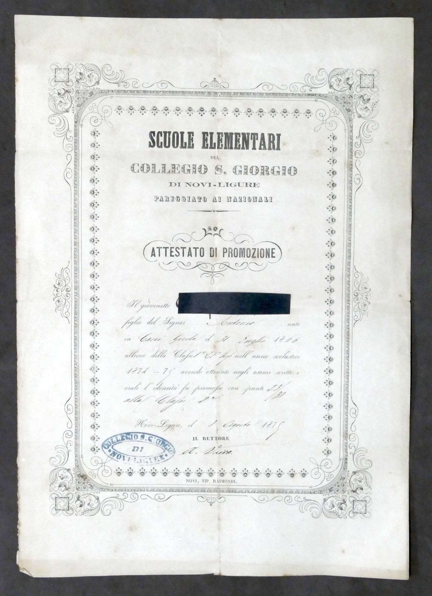 Scuole Elementari Collegio S. Giorgio Novi Ligure Attestato di Promozione …