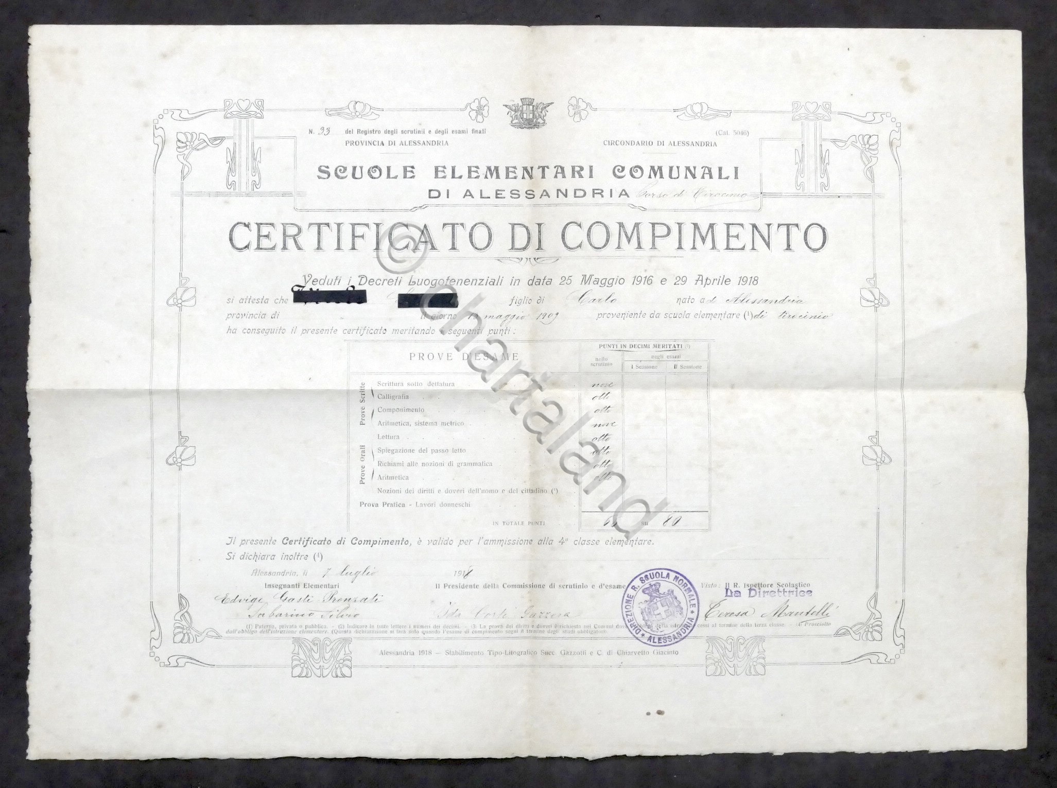 Scuole Elementari Comunali di Alessandria - Certificato di Compimento - …