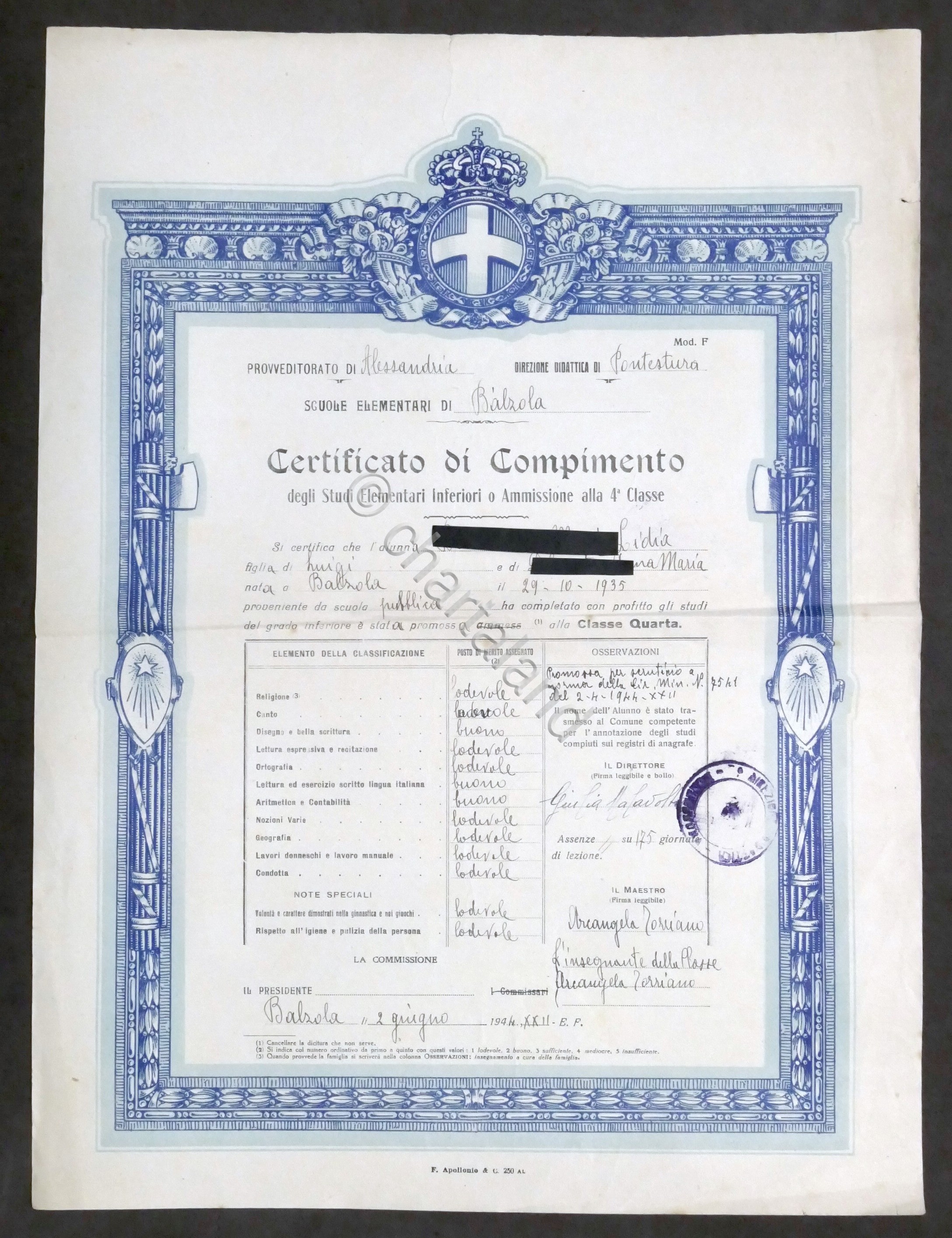Scuole Elementari di Balzola - Certificato di Compimento Studi Inferiori …