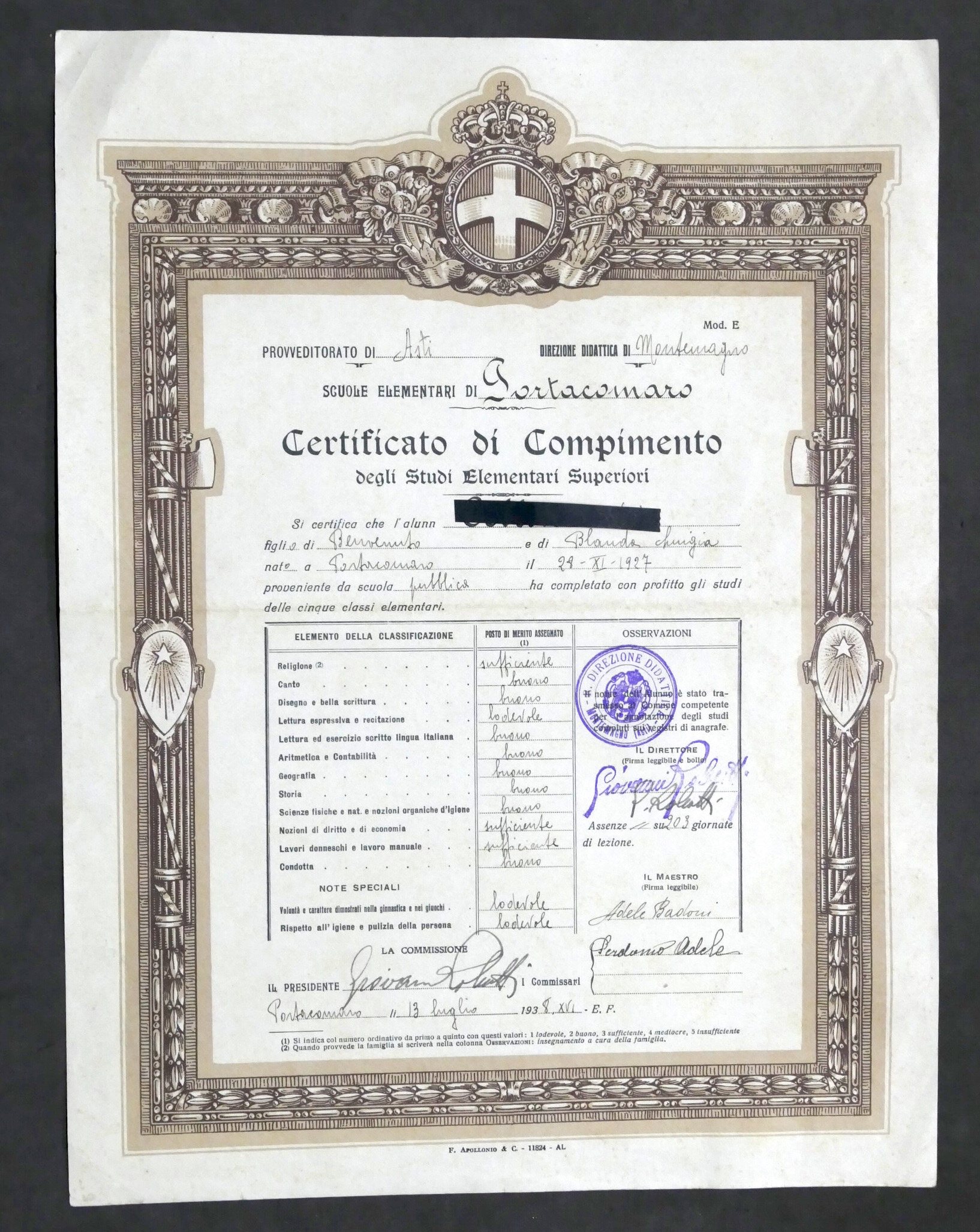 Scuole Elementari di Portacomaro - Certificato di Compimento Studi - …