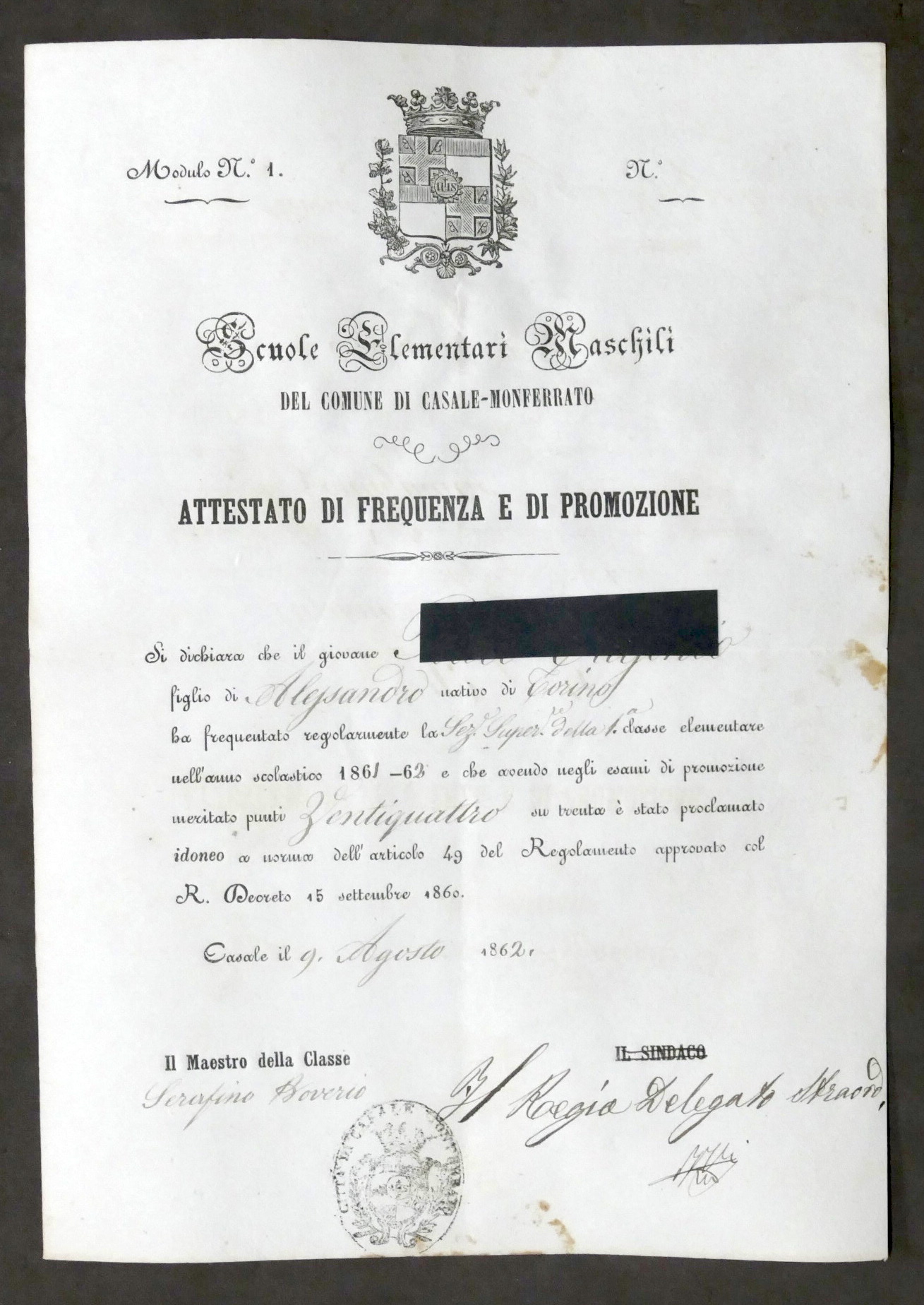 Scuole Elementari Maschili di Casale Monferrato - Attestato di promozione …