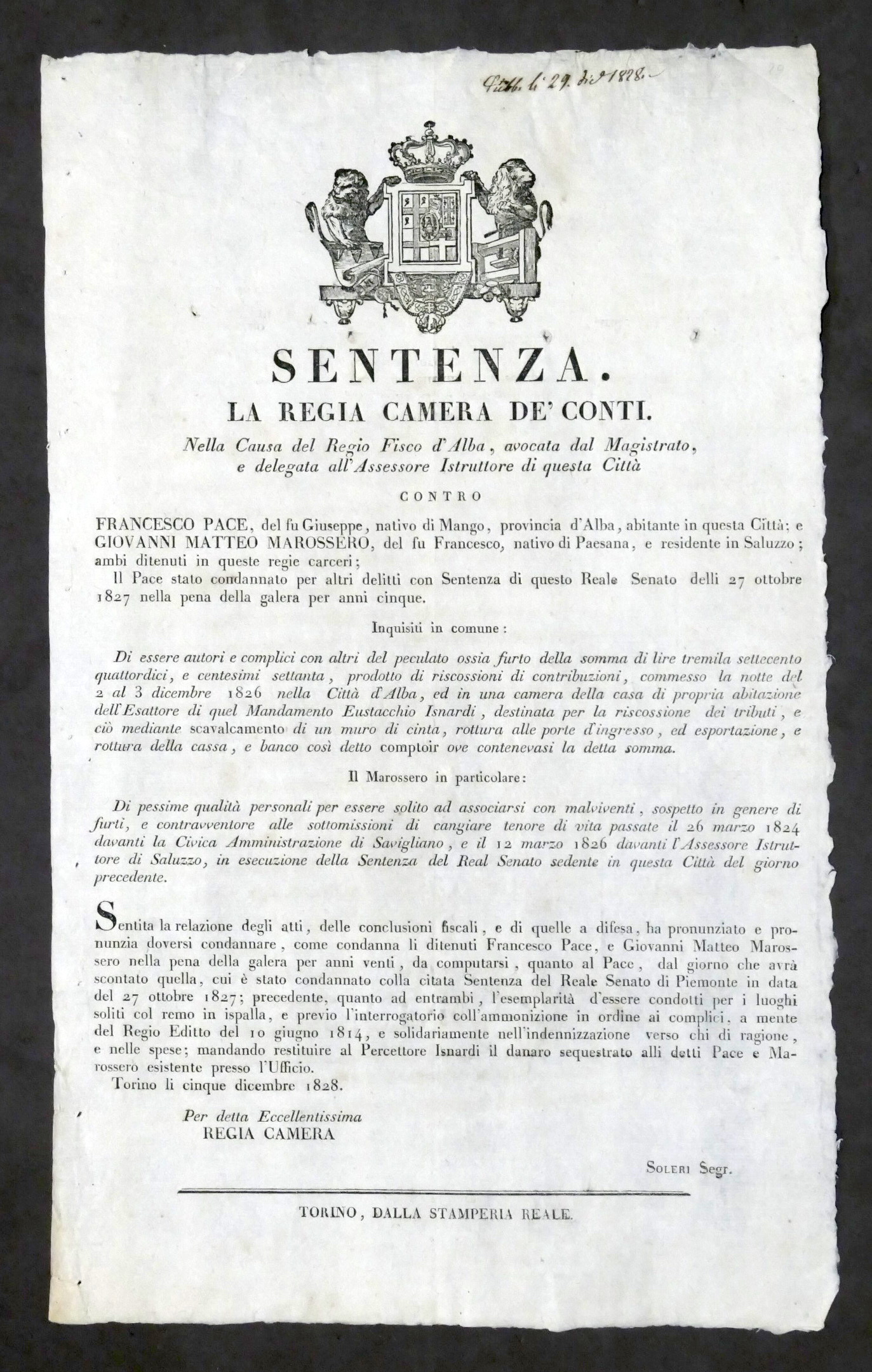 Sentenza di condanna per furto di denaro tributi - Città …