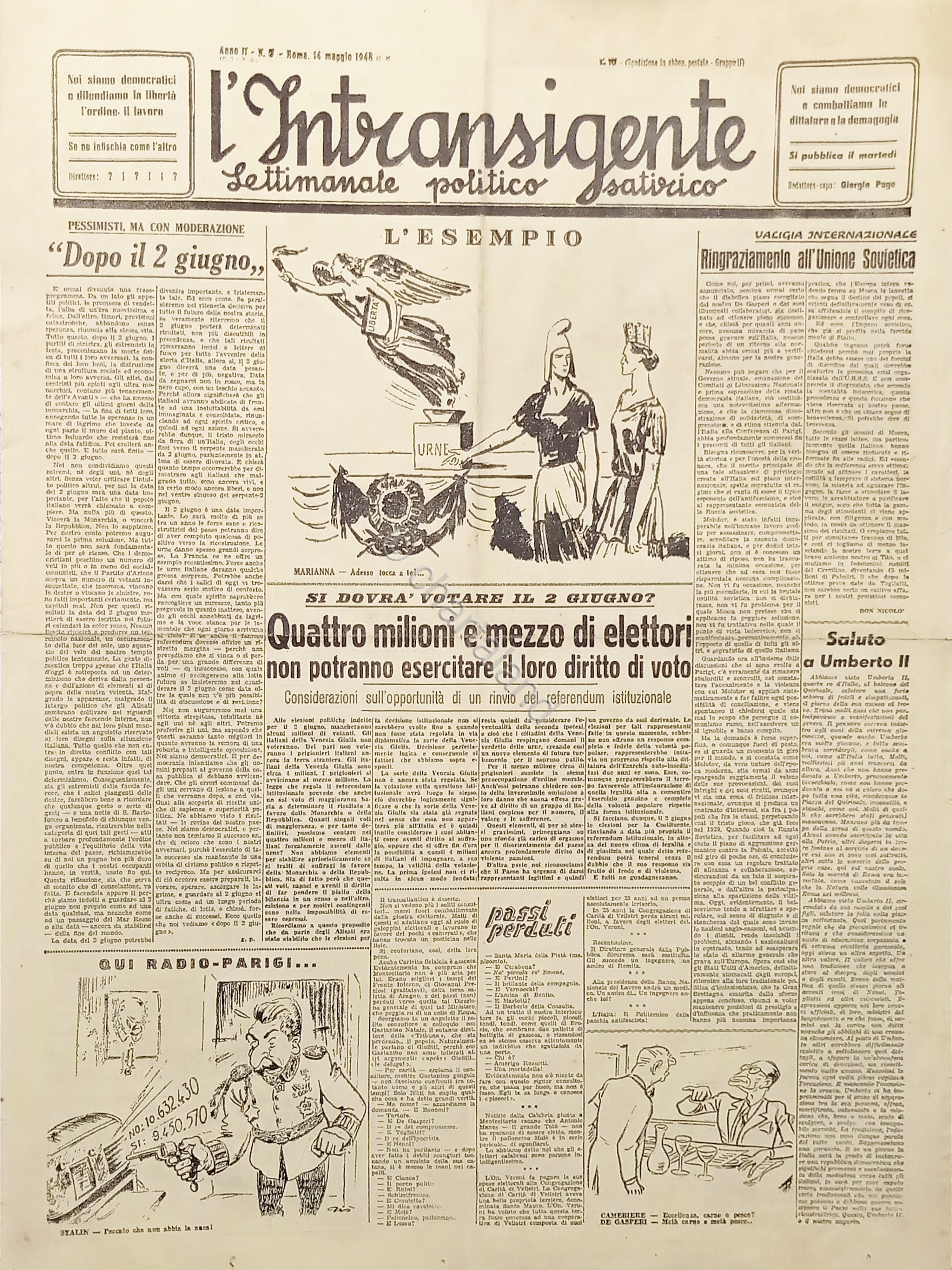 Settimanale - L'Intransigente N. 5 - Ringraziamento all'Unione Sovietica - …