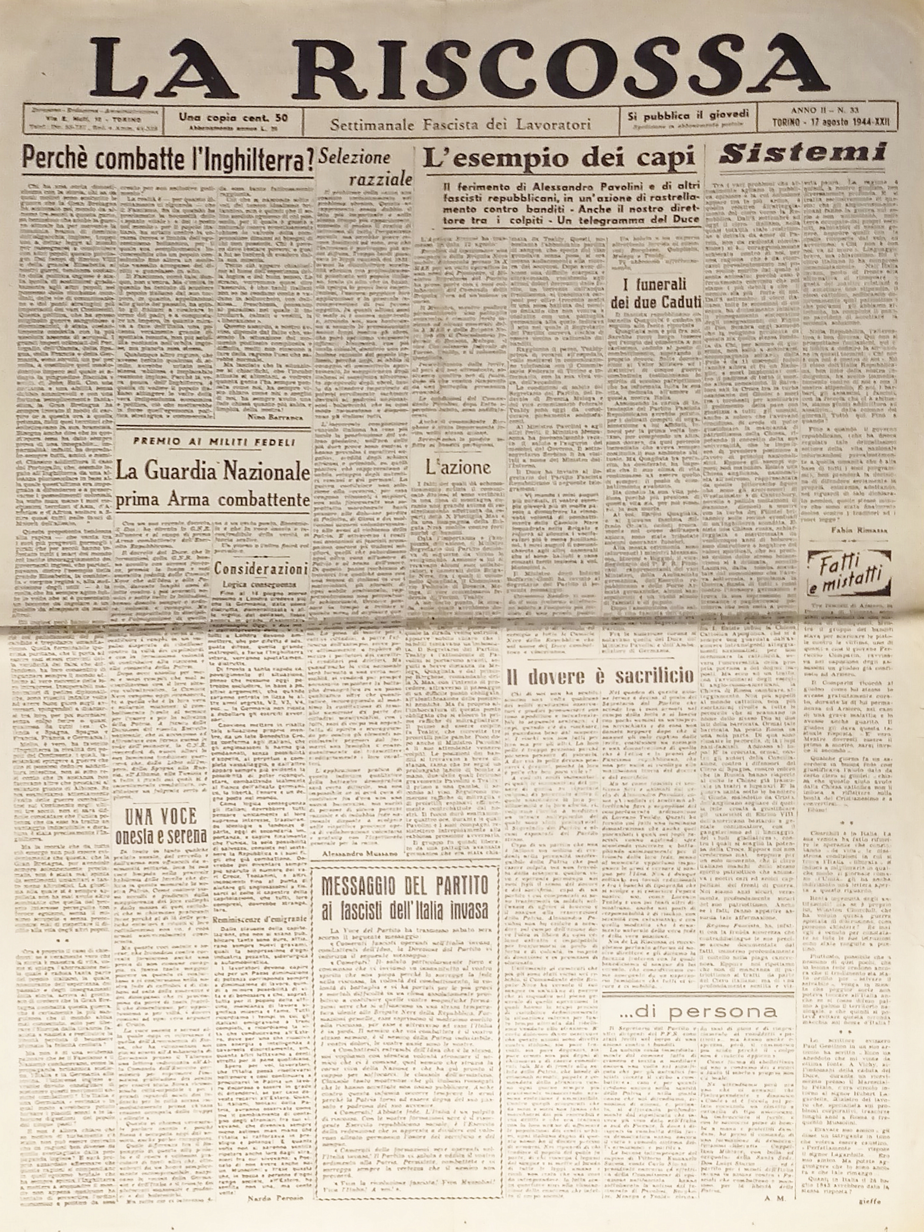Settimanale RSI - La Riscossa N. 33 - 1944 Perchè …