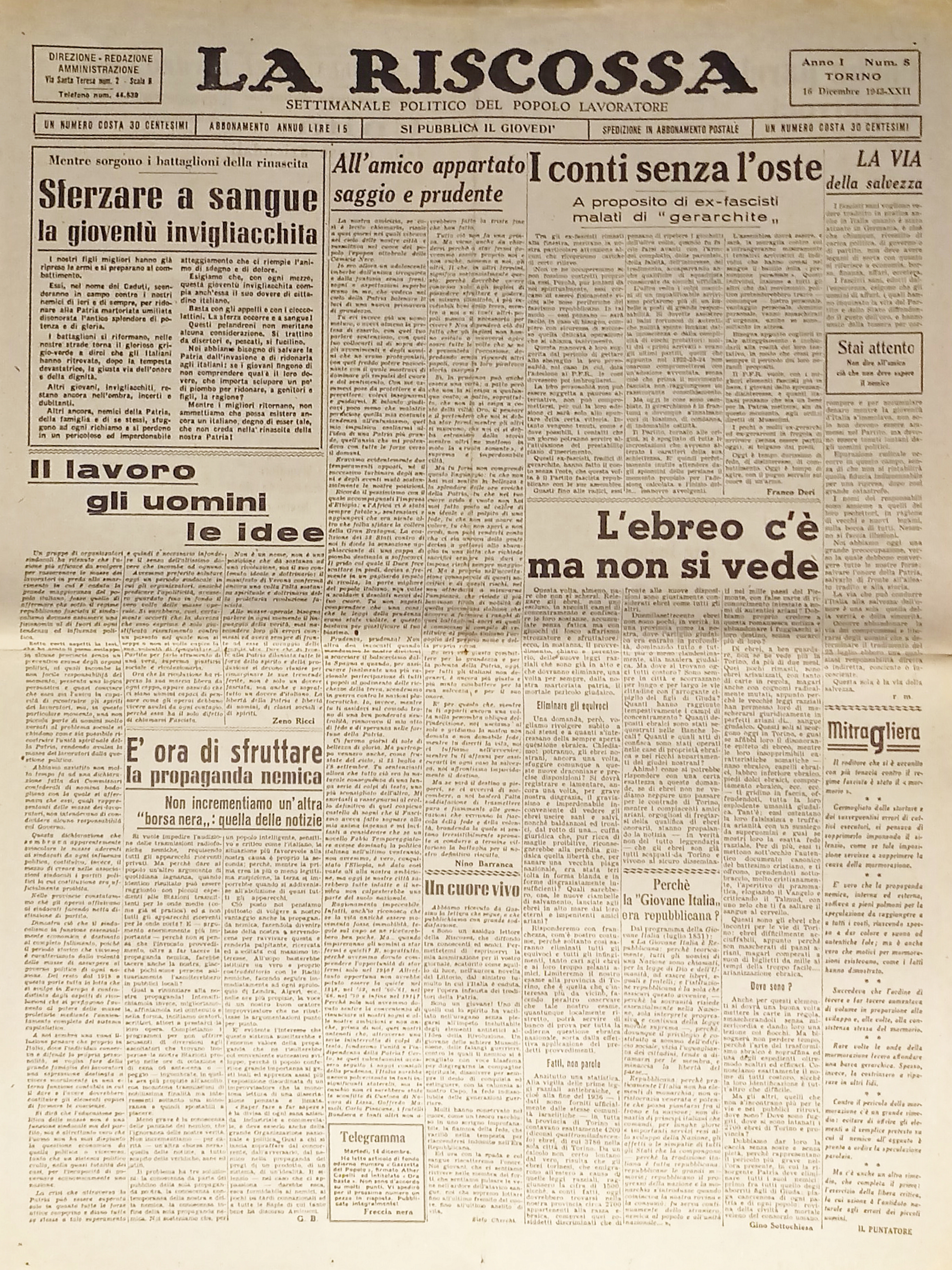 Settimanale RSI - La Riscossa N. 8 - 1943 L'ebreo …